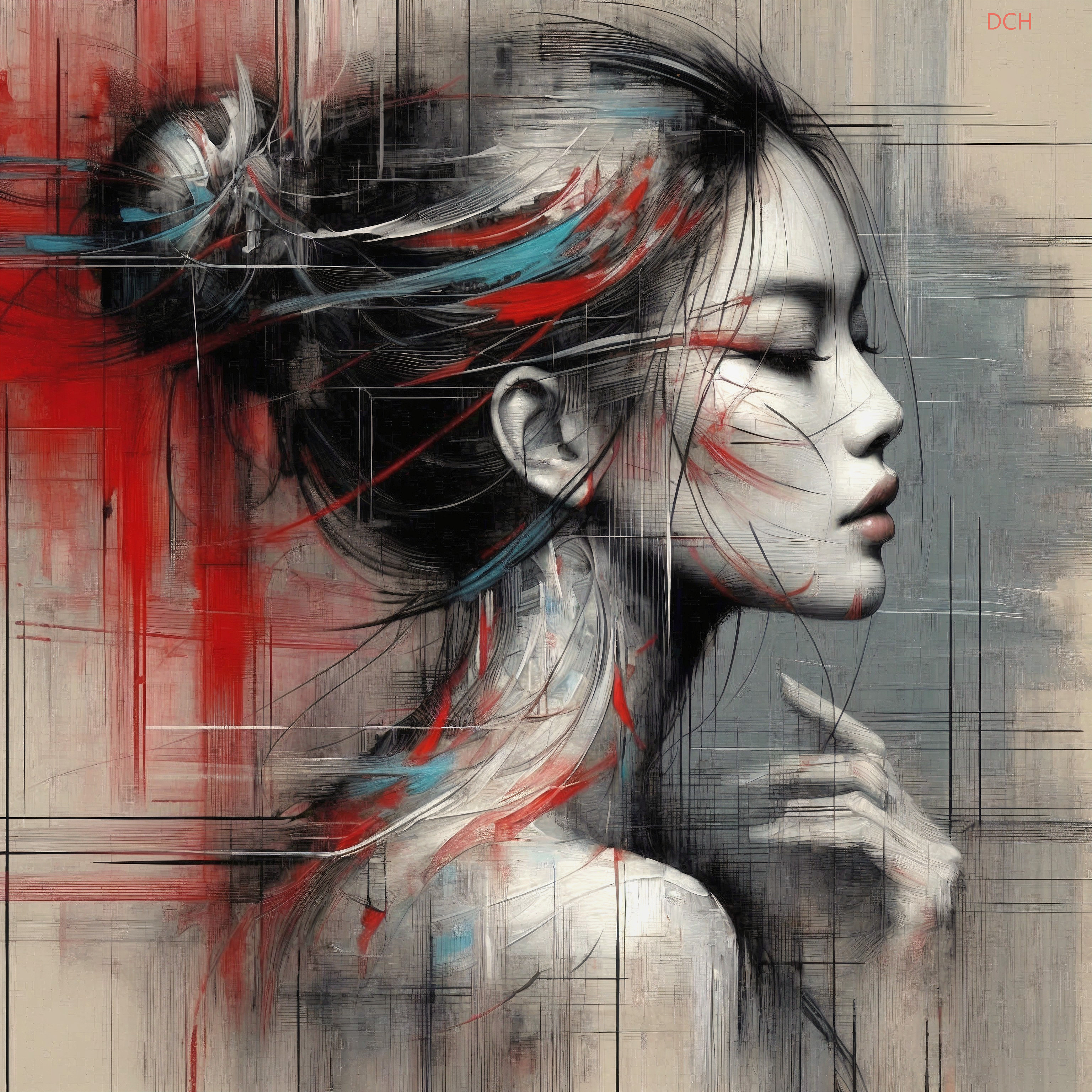 Portrait of a Woman with Colorful Abstract Elements