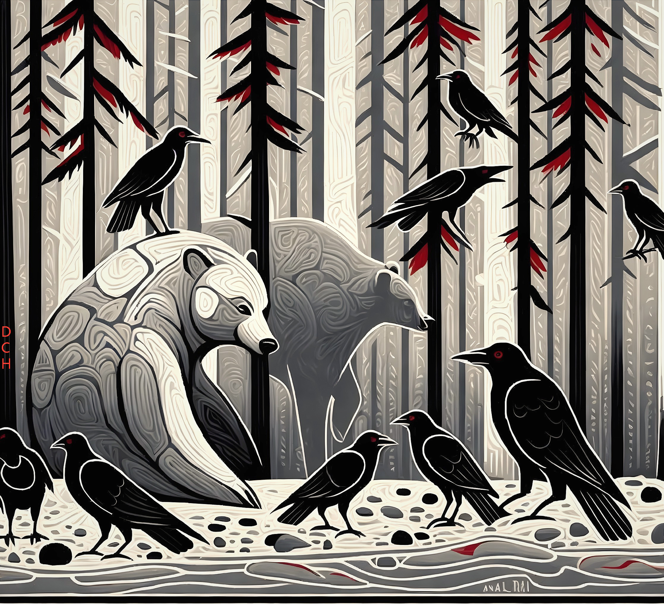 Forest gathering: a meeting of bears and crows