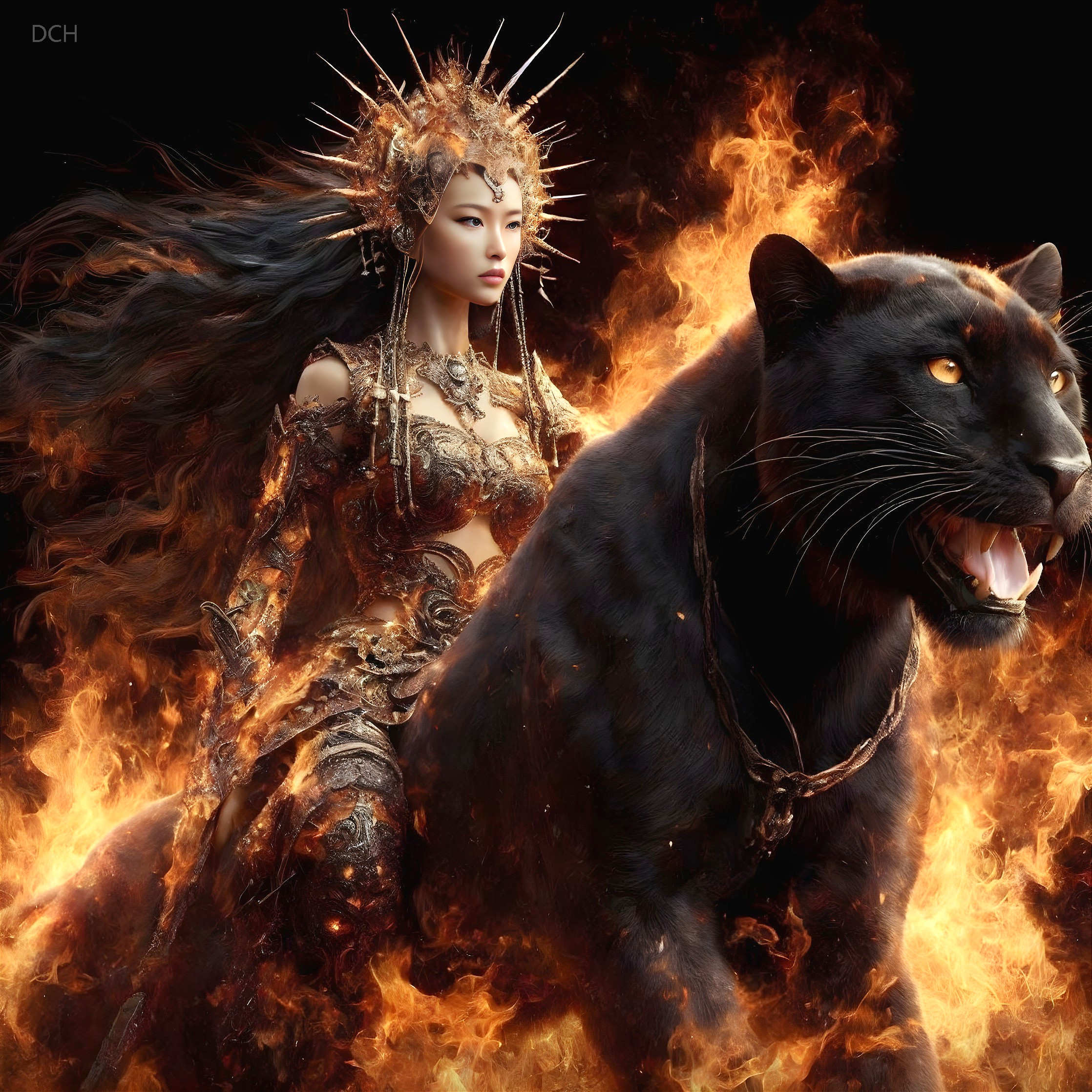 Warrior Princess on Black Panther with Flames Background