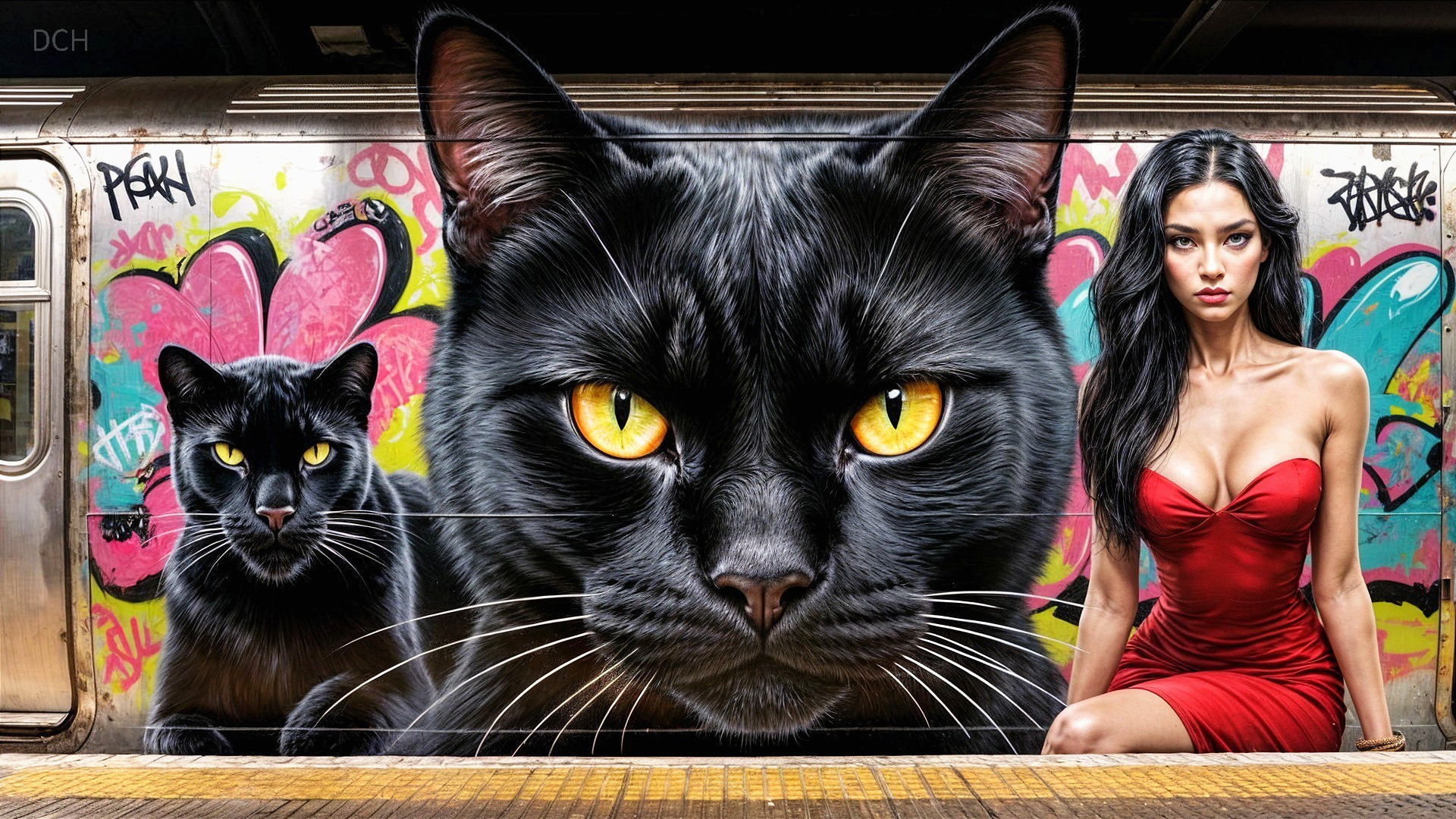 Vibrant Urban Scene with Cat Mural and Woman in Red Dress
