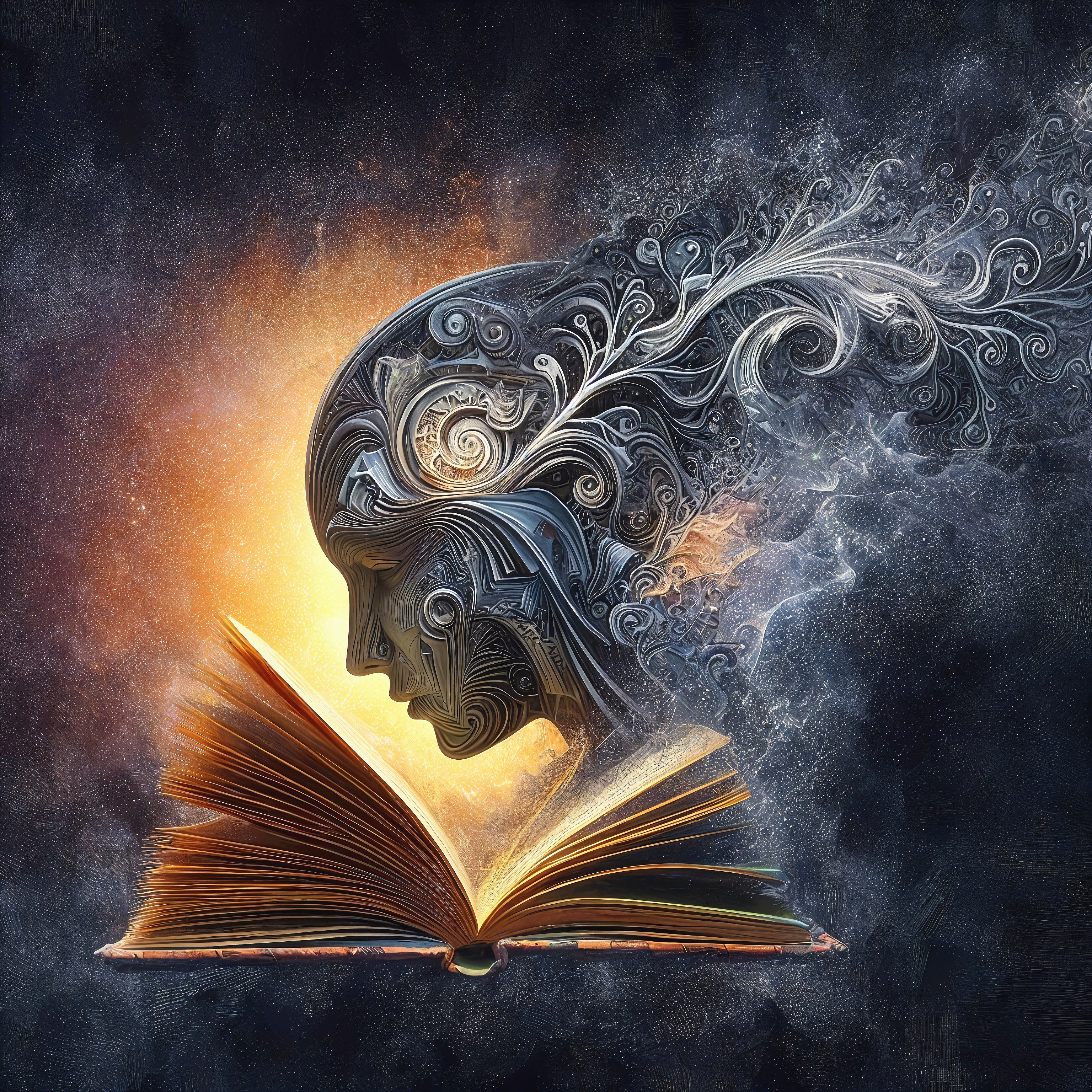 Profile of a Human Head Emerging from an Open Book