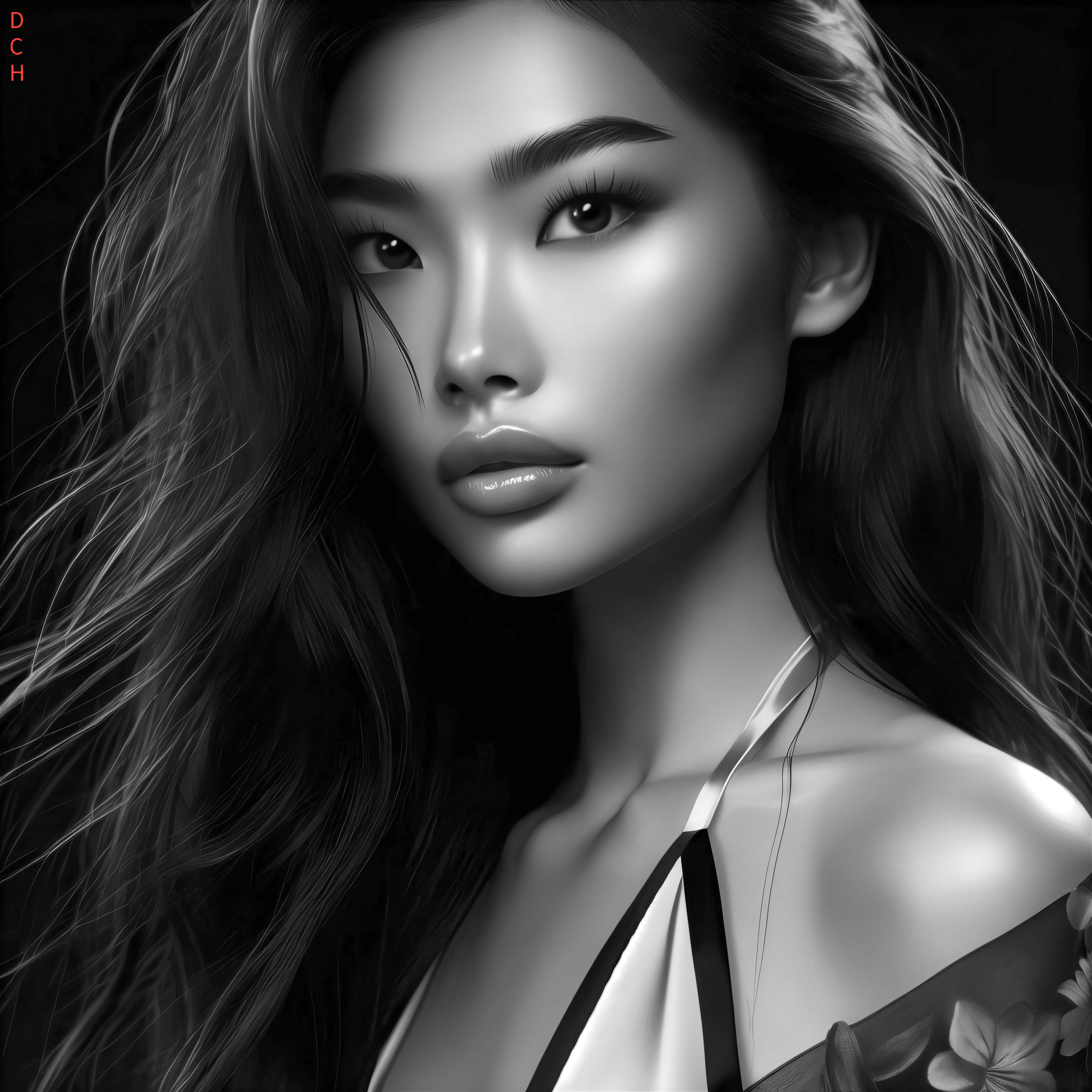 Black-and-white portrait of a confident young woman