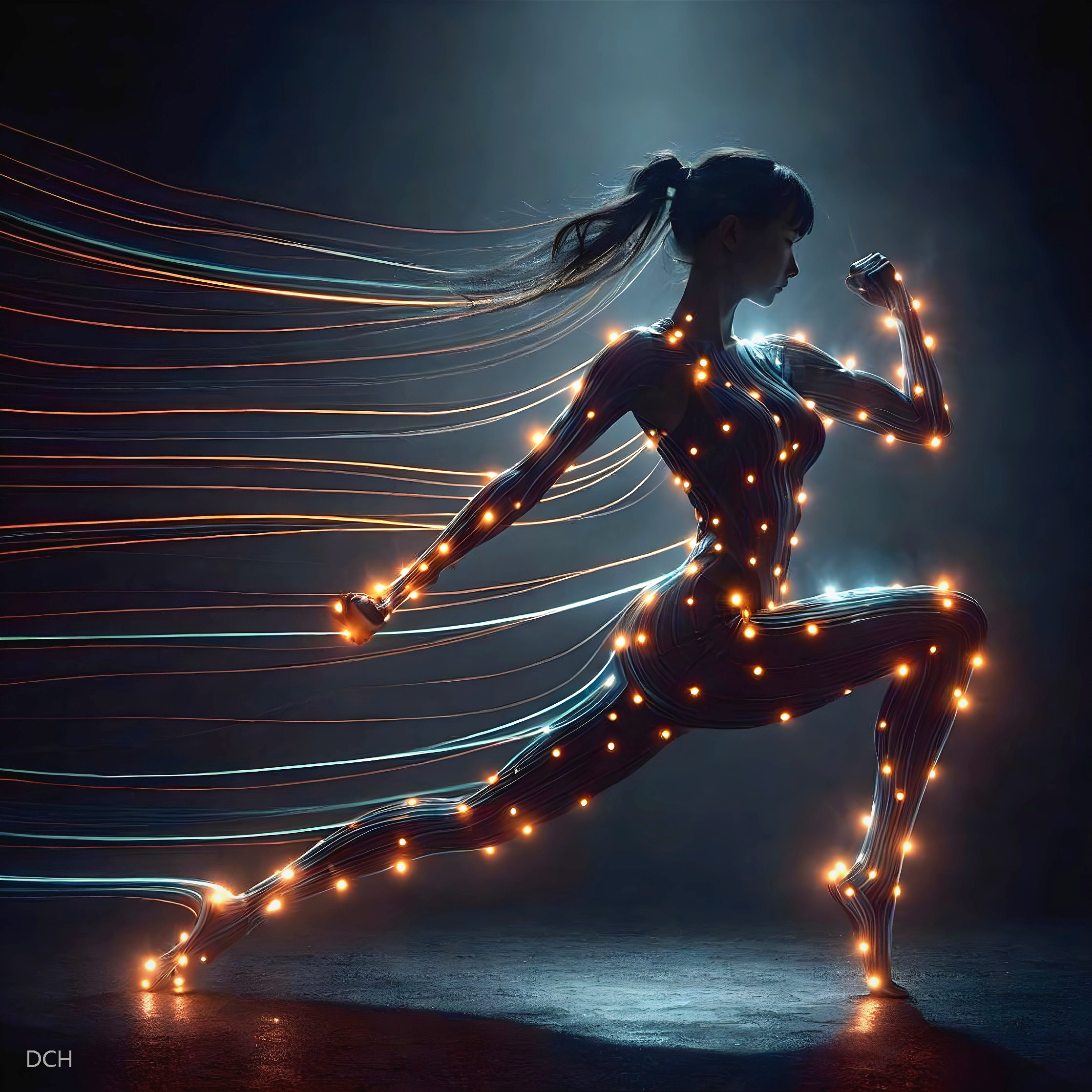 Dynamic Silhouette of a Woman with Glowing Lights