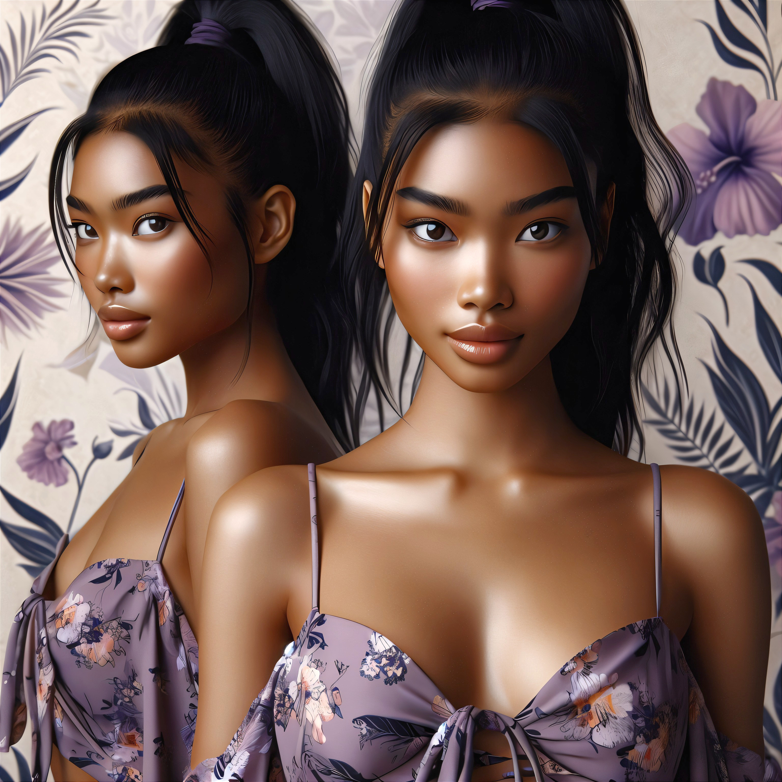 Stylized Portrait of Young Woman in Floral Top