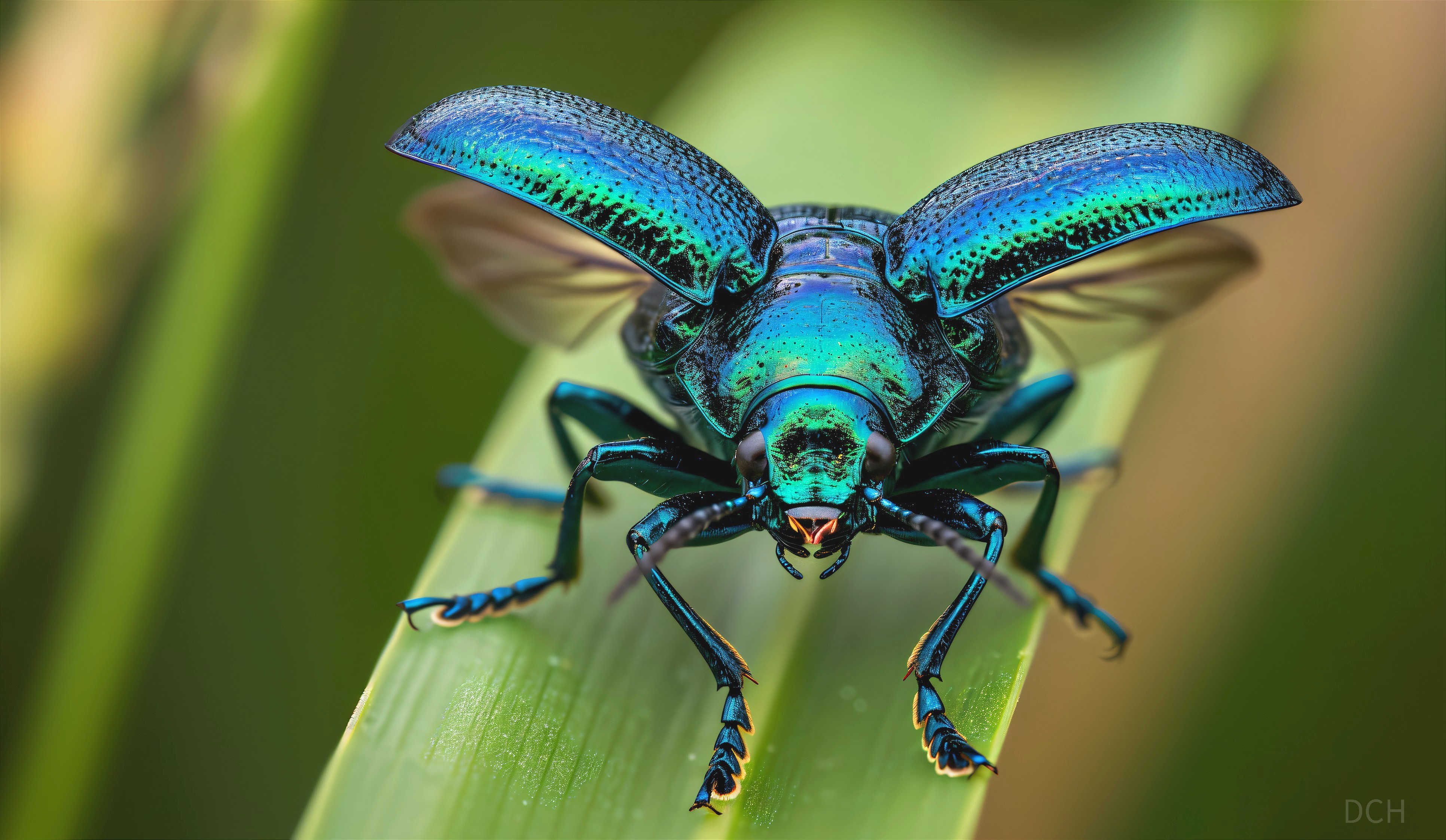 Iridescent Beetle on Green Leaf with Metallic Exoskeleton