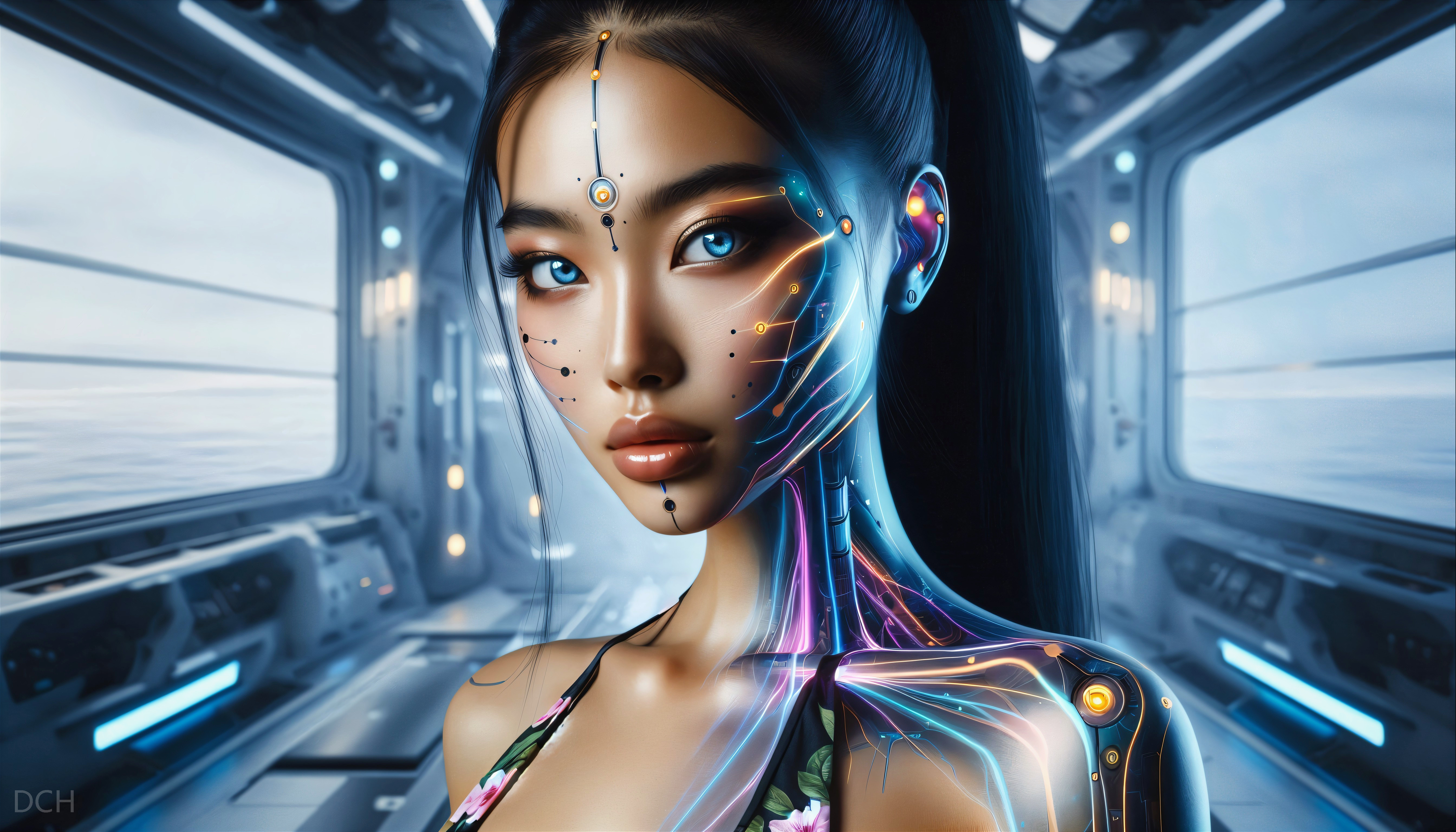 Futuristic Cybernetic Figure in High-Tech Environment