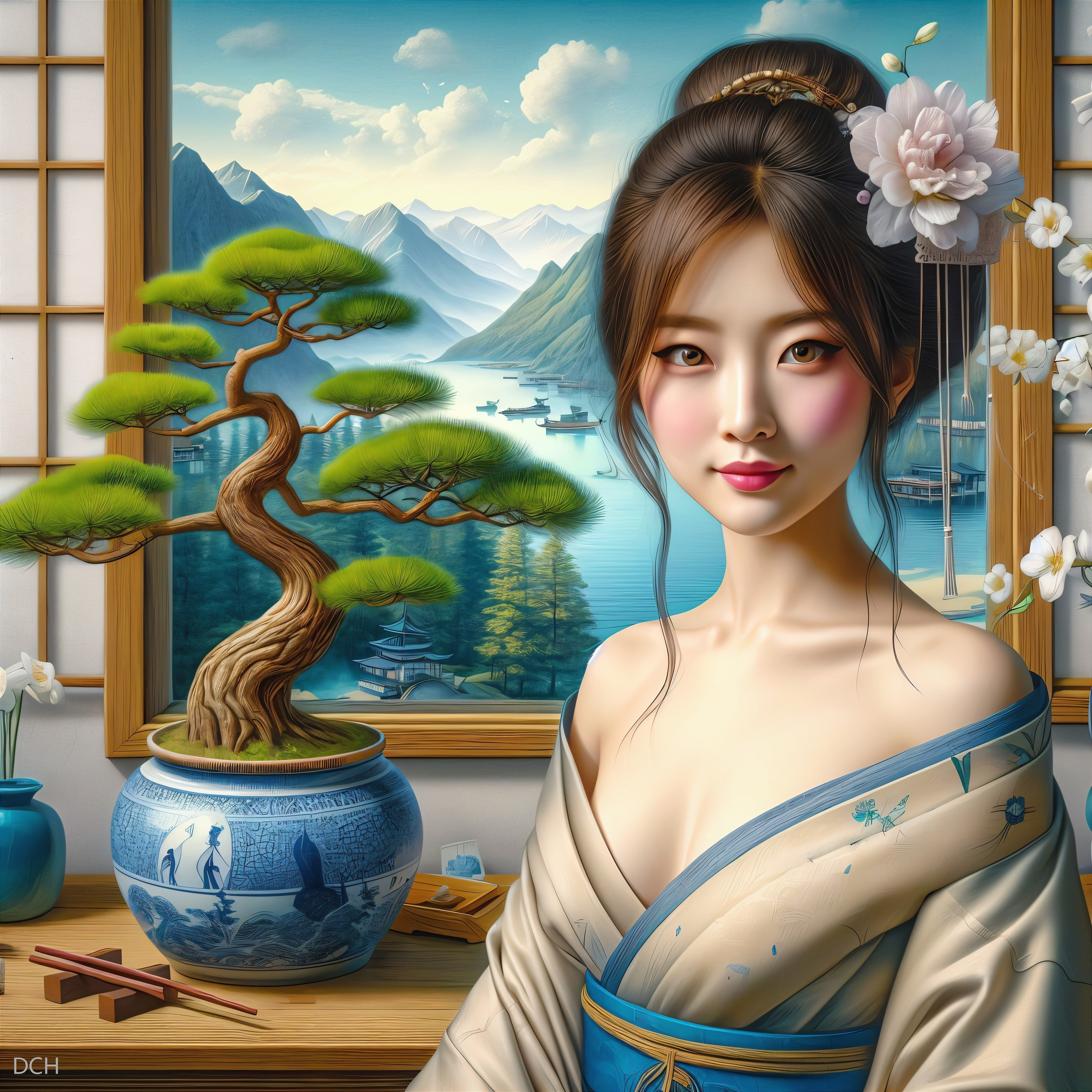 Portrait of a woman in kimono with serene landscape