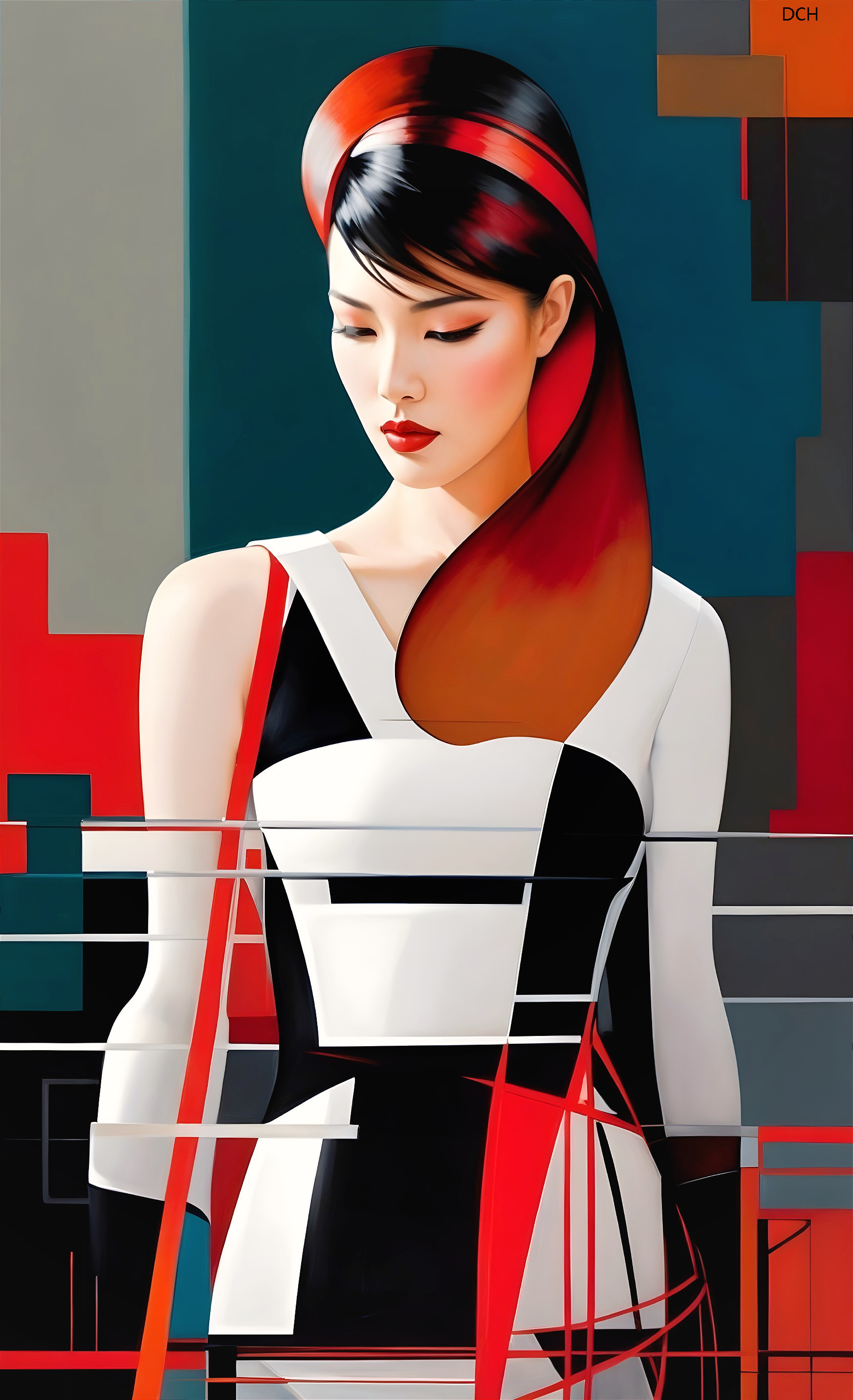 Stylized Portrait of Woman with Bold Red Hair Streak