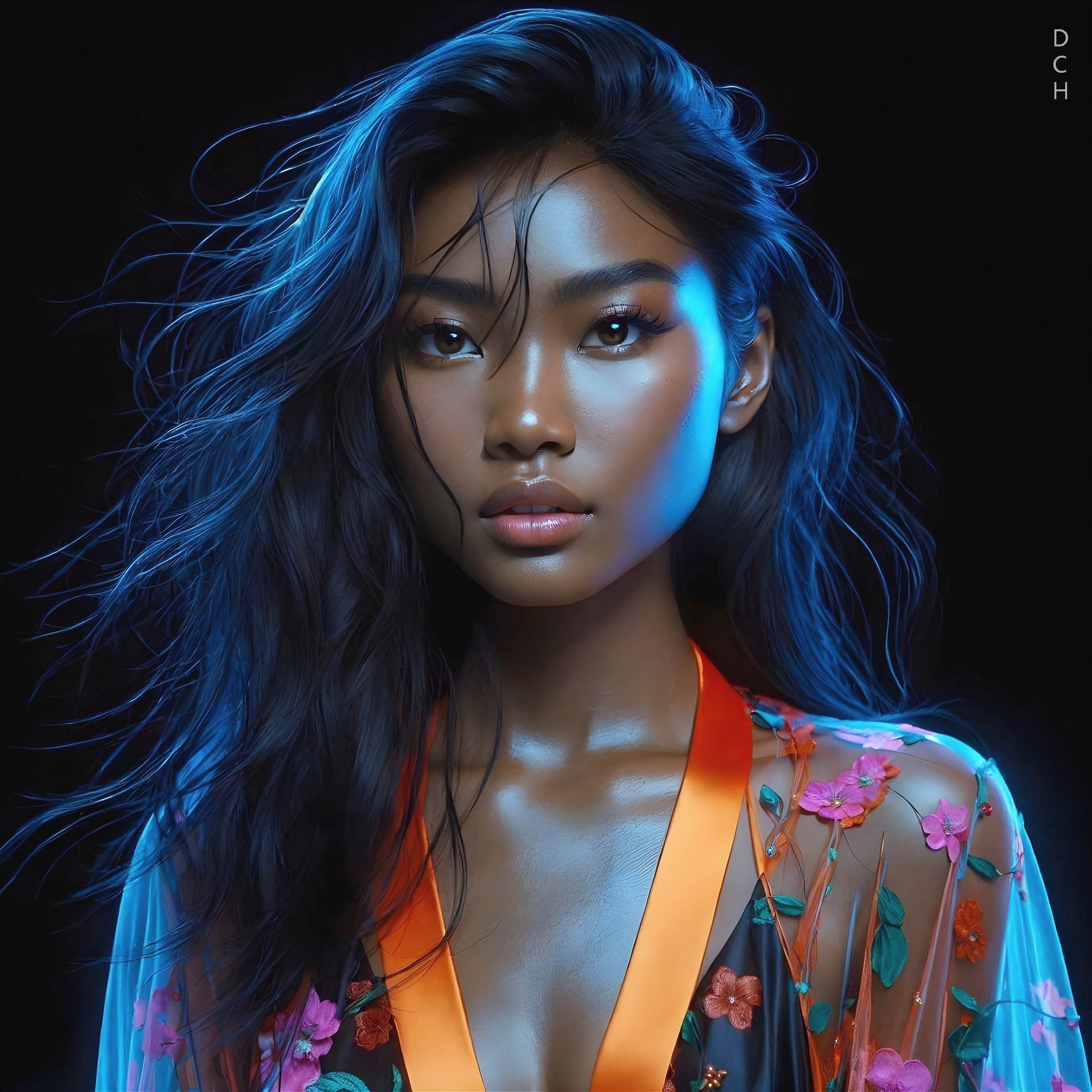 Portrait of a woman with flowing hair and luminous skin