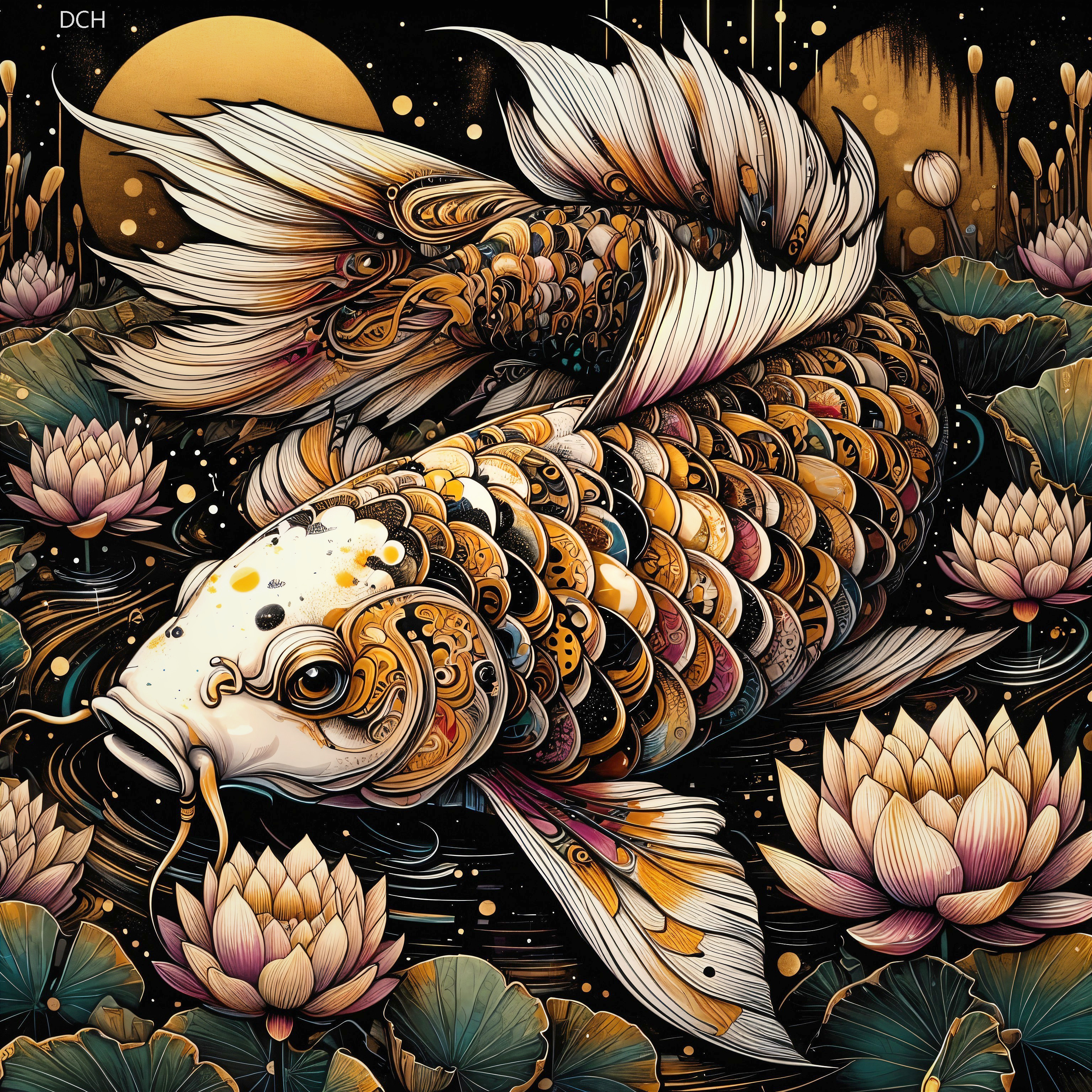 Koi Fish and Lotus Flowers in Elegant Composition