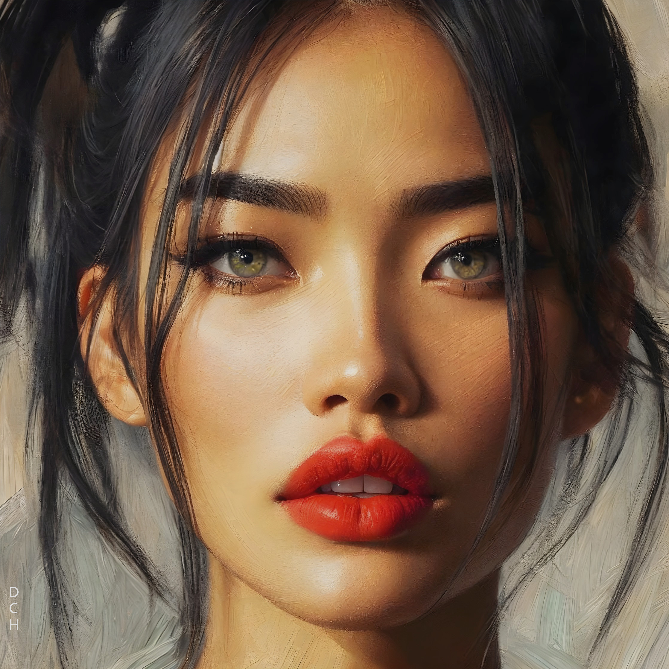 Close-up Portrait of a Woman with Green Eyes and Red Lips