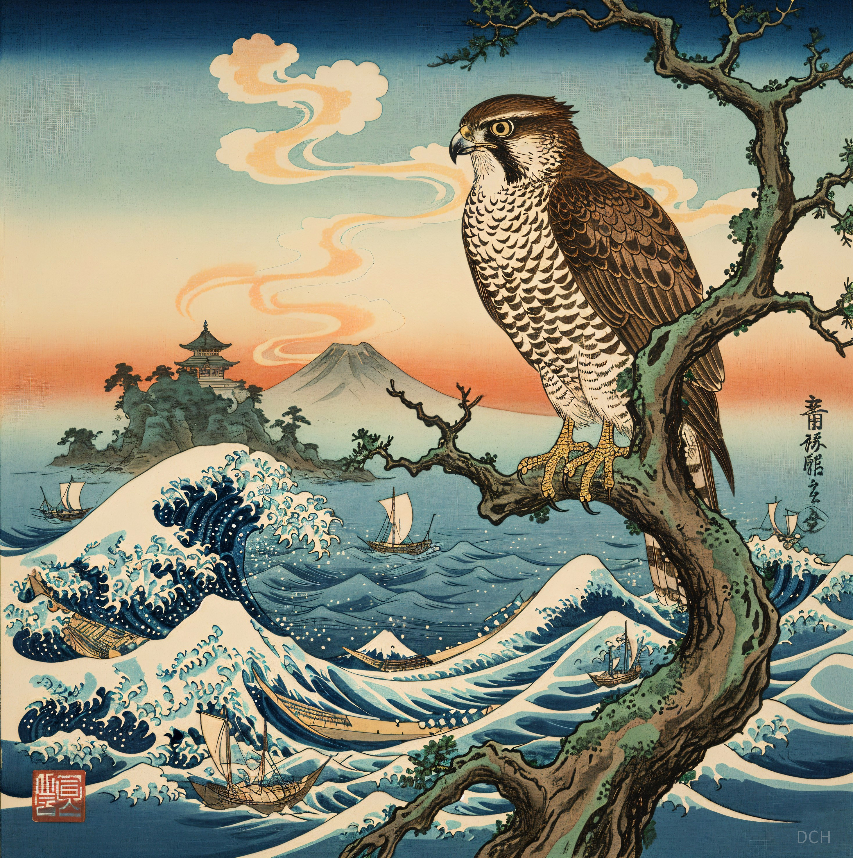 Hawk on Branch Overlooking Turbulent Sea and Pagoda