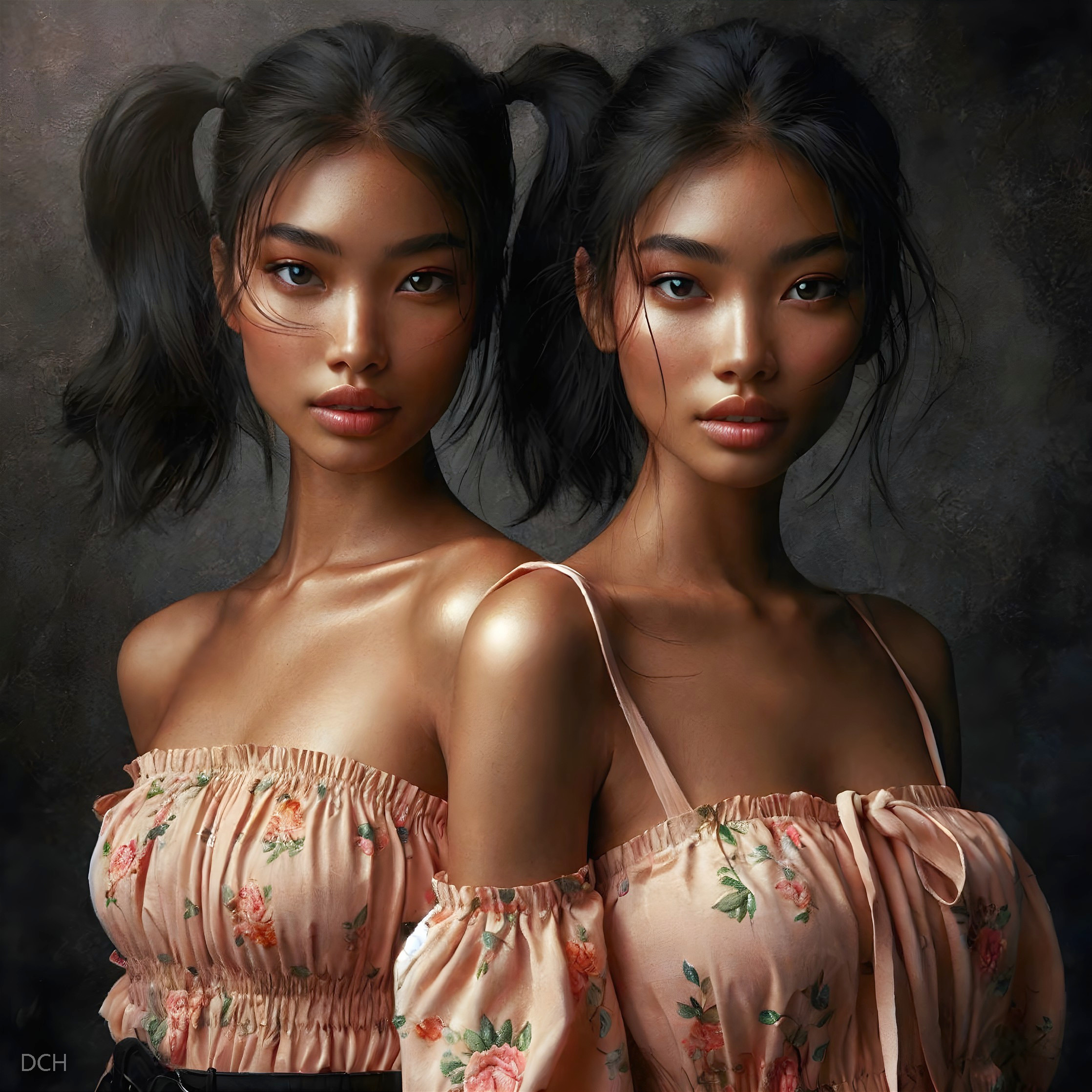 Women in Floral Dresses with Dark Hair and Pigtails