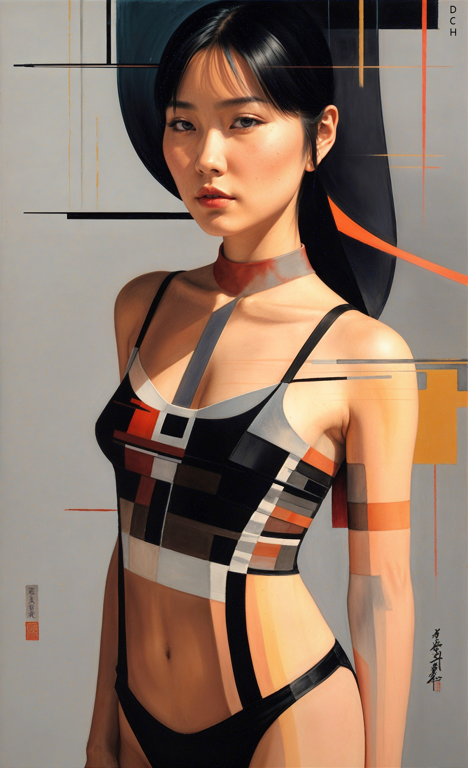 Stylized portrait of a young woman with black hair