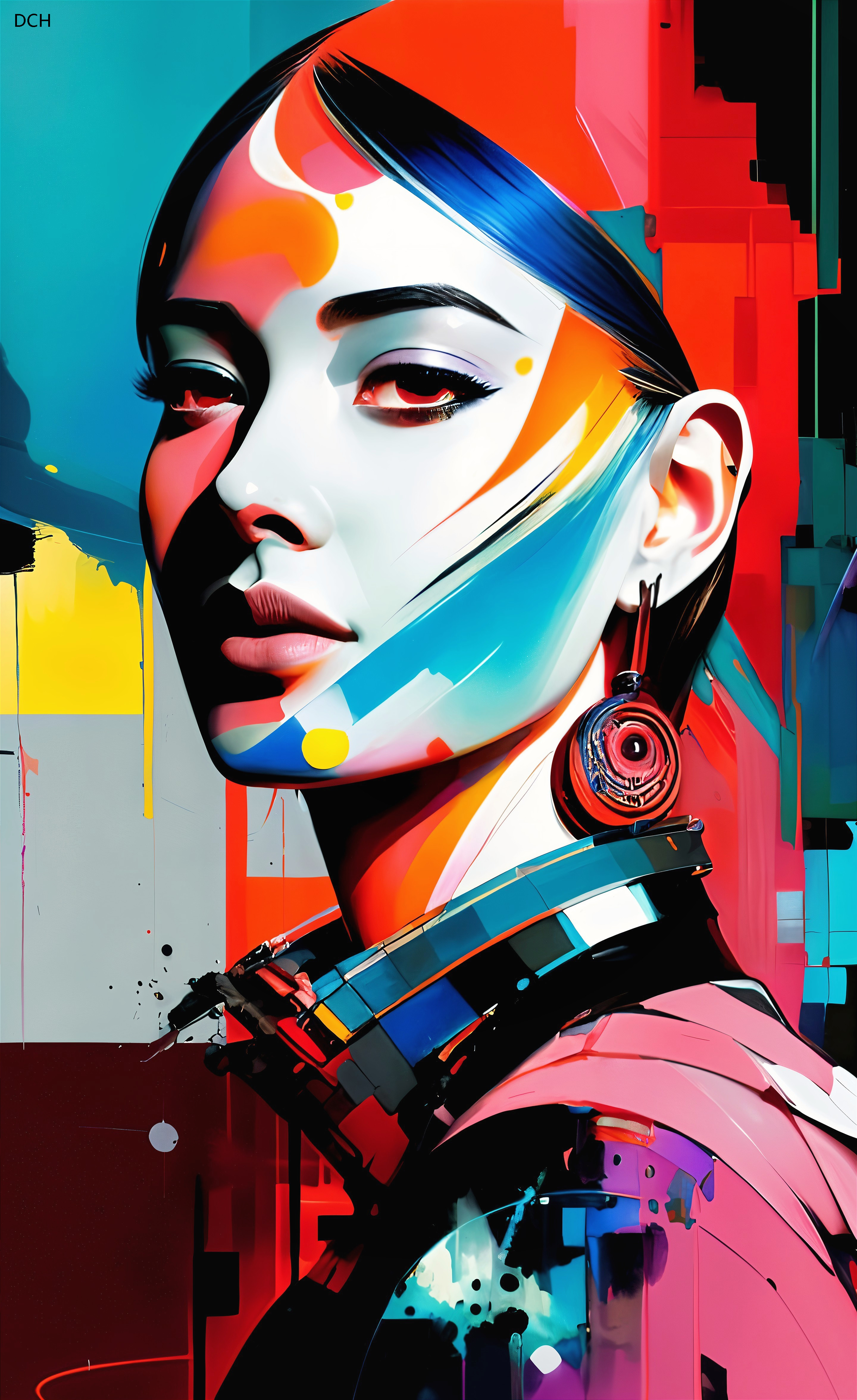 Bold Colorful Portrait of a Woman with Abstract Elements