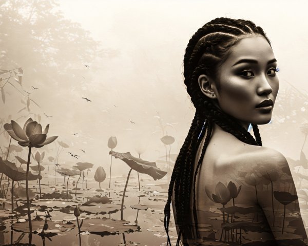 Serene Portrait of Woman Amidst Lotus Flowers