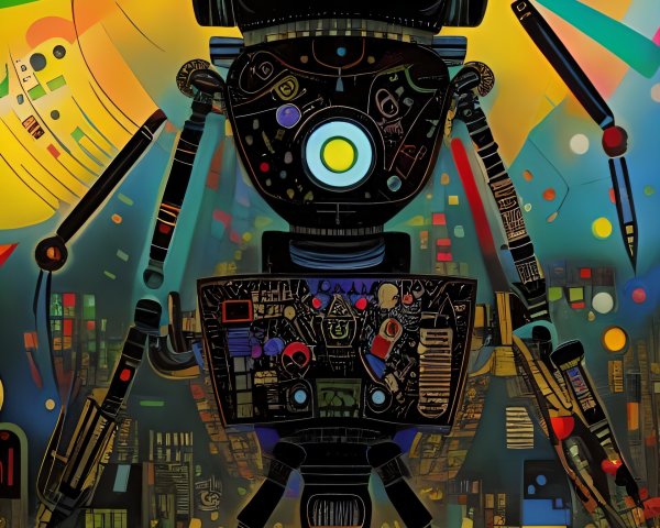 Abstract Robot Against Colorful Geometric Background