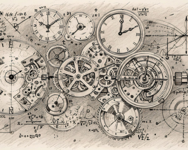 Intricate Illustration of Clock Machinery and Equations