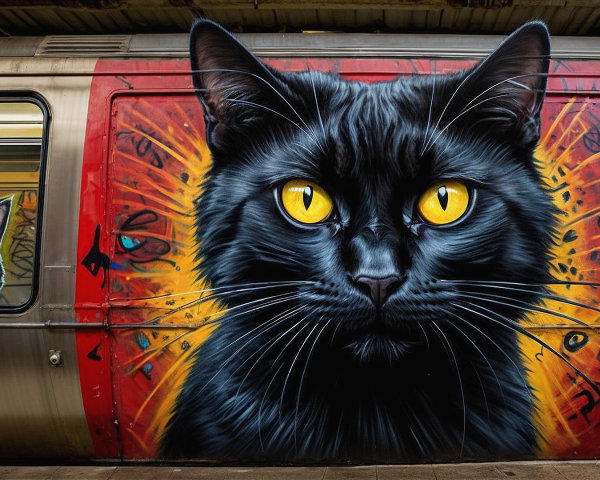 Mural of a Black Cat with Yellow Eyes on Train