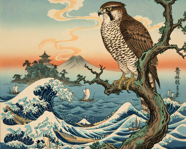 Hawk on Branch Overlooking Turbulent Sea and Pagoda