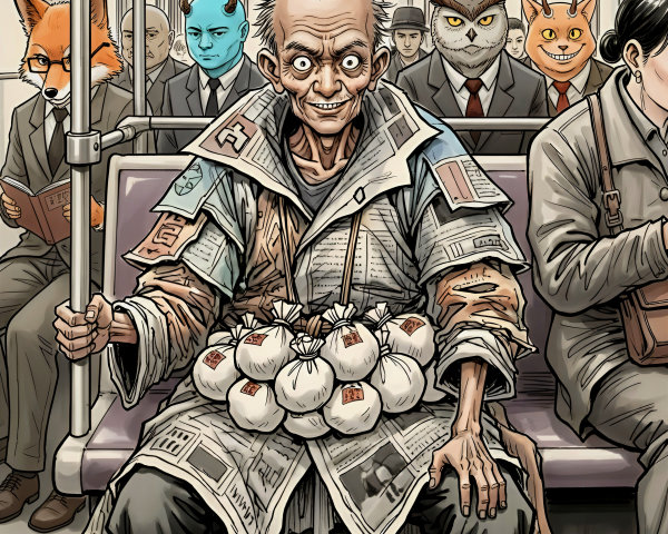 Surreal Scene of Quirky Characters in Subway Train