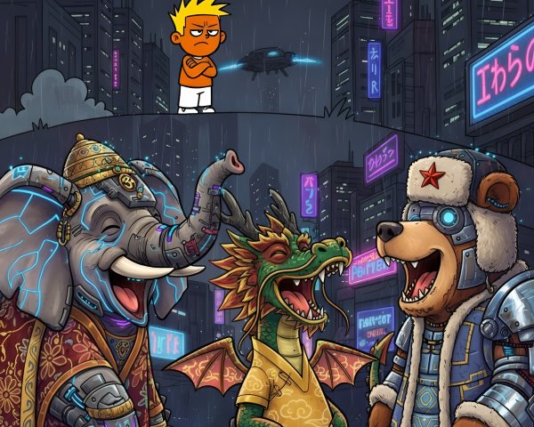 Vibrant Cityscape with Playful Anthropomorphic Animals