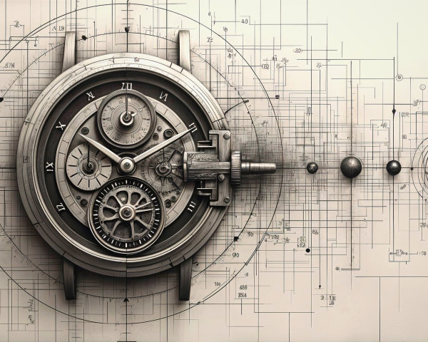 Intricate Clock Mechanism with Blueprint Background
