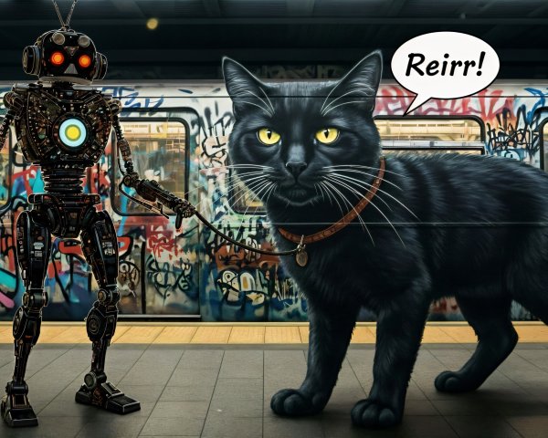 Whimsical Subway Scene with Robot and Black Cat