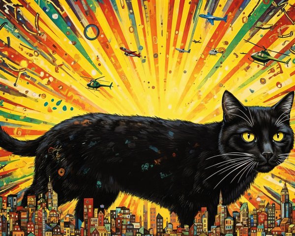 Large Black Cat Against Colorful Cityscape Illustration