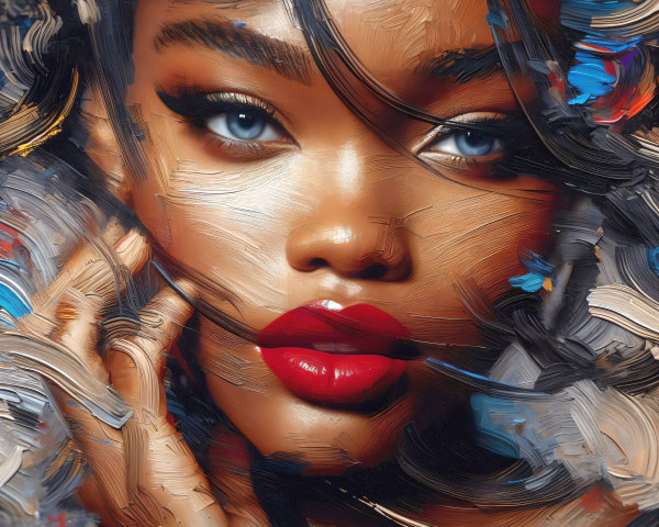 Close-up Portrait of a Woman with Blue Eyes and Red Lips