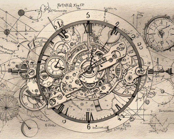 Vintage Clock Face with Exposed Gears and Diagrams