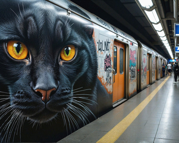 Mural of Black Cat in Vibrant Subway Station Scene