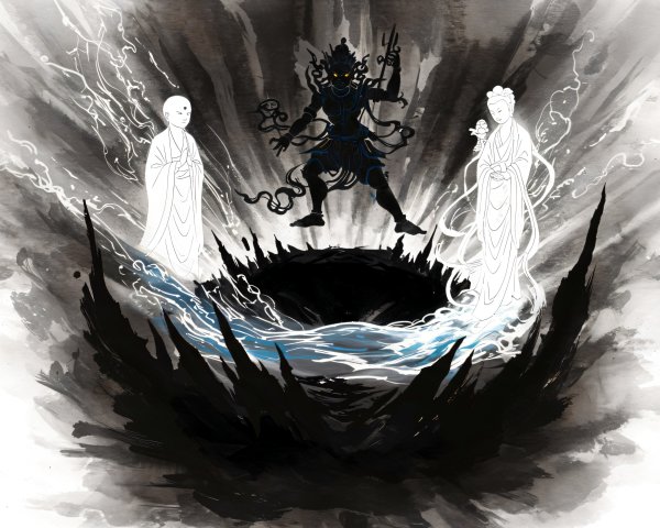 Dramatic Scene of Dark Deity with Ethereal Figures