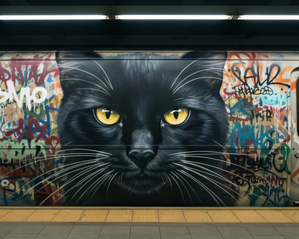 Urban subway car with vibrant graffiti mural of cat