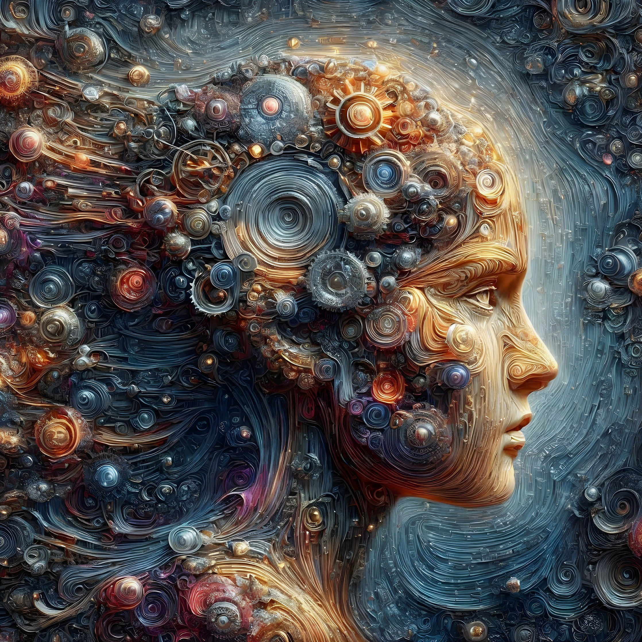 Profile portrait with mechanical and cosmic elements in surreal composition