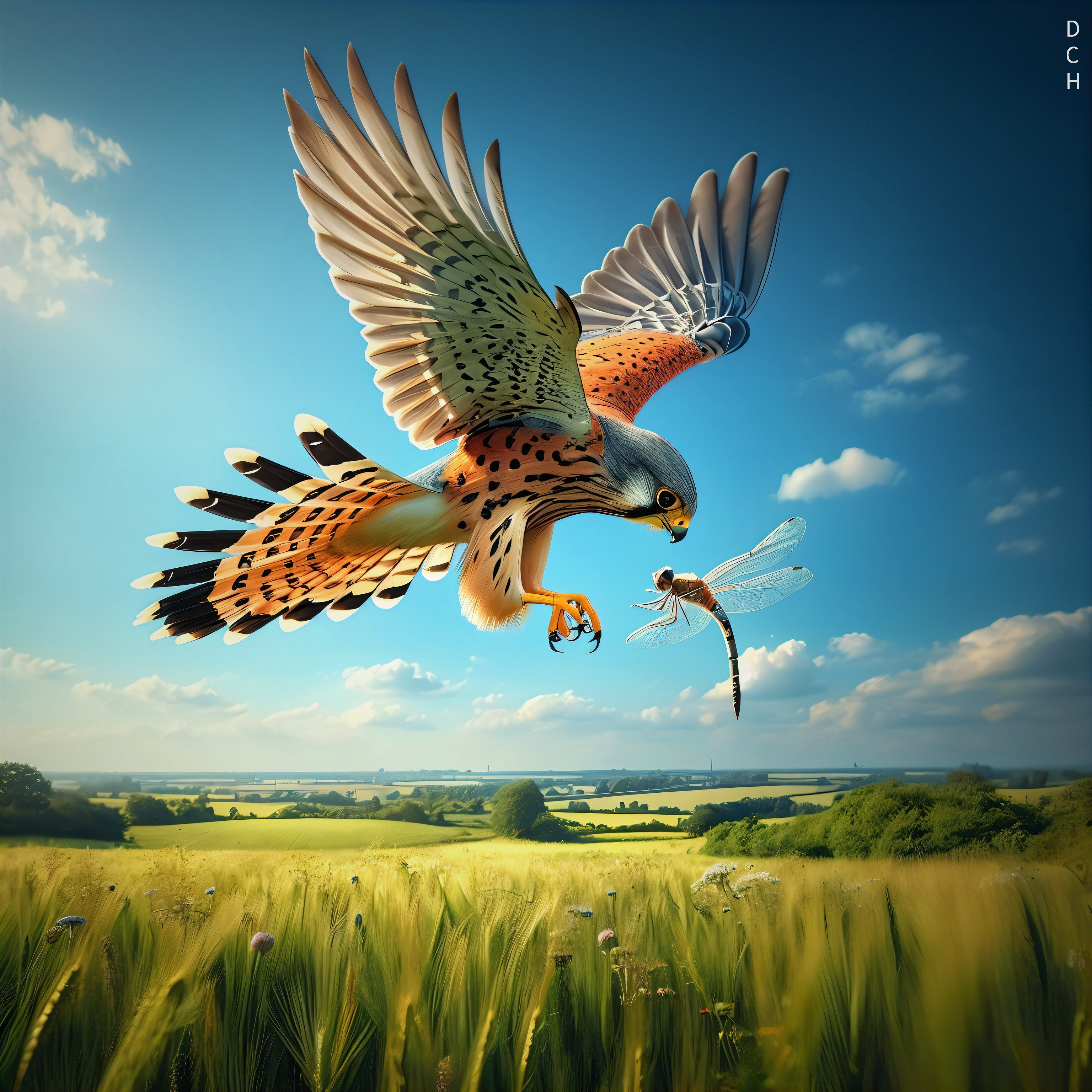 Majestic hawk soaring over golden fields and clouds