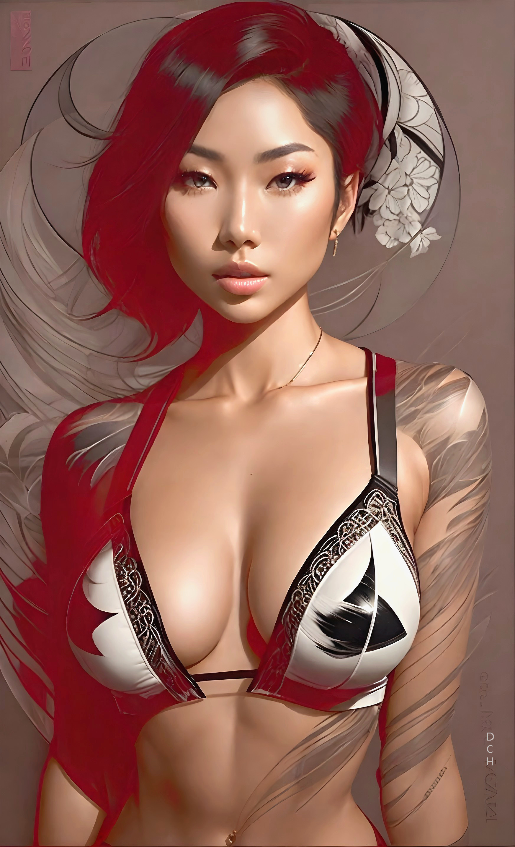 Portrait of a Woman in Geometric Bikini with Floral Background