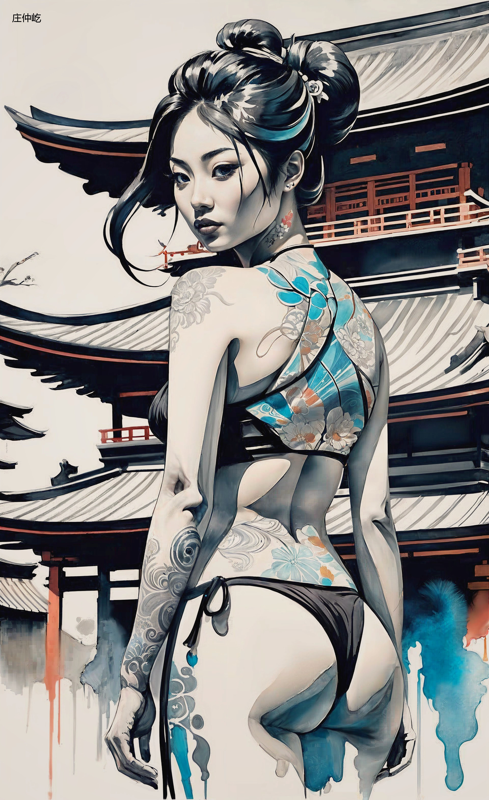 Woman with Tattoos in Traditional Asian Architecture