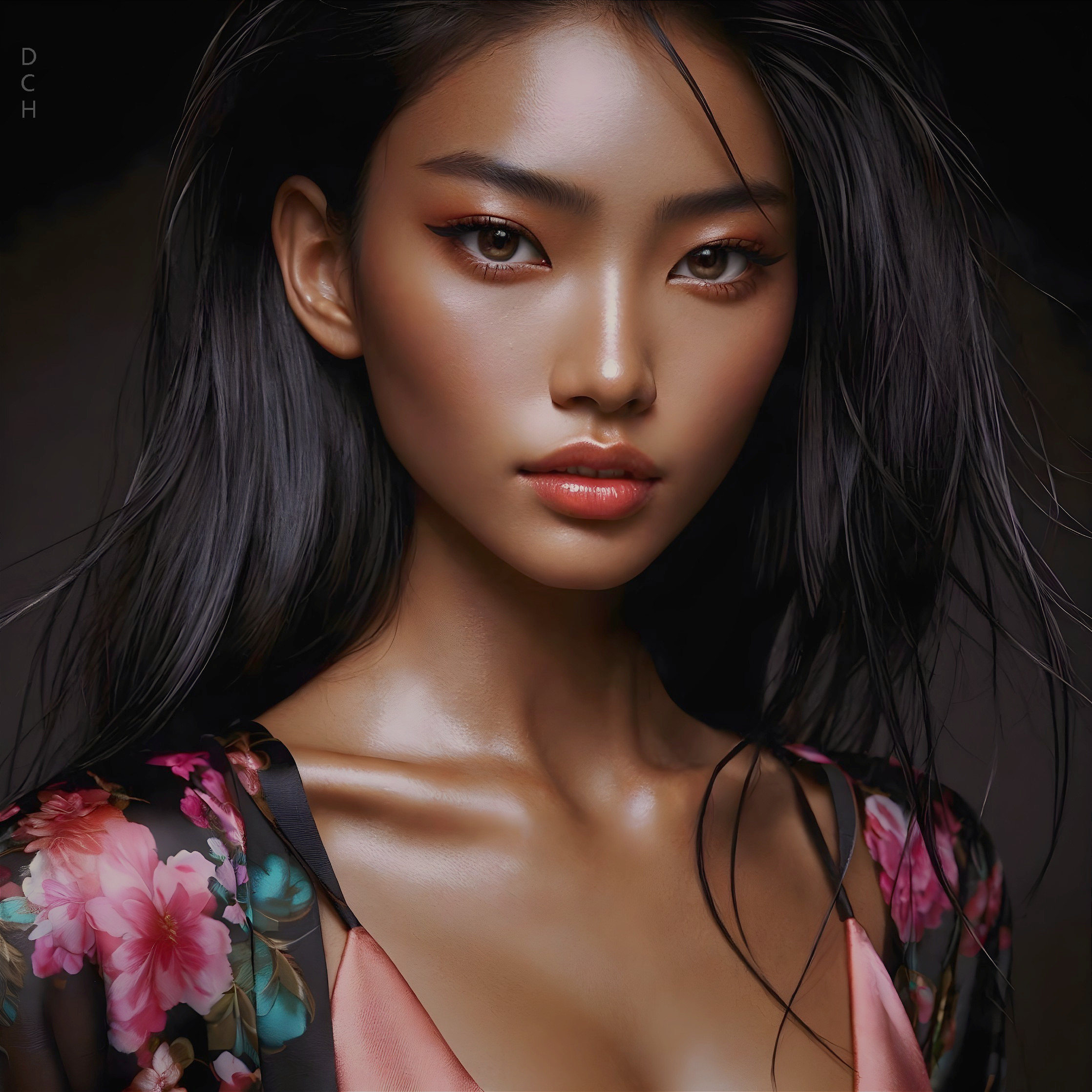 Portrait of a Young Woman in Floral Kimono with Makeup