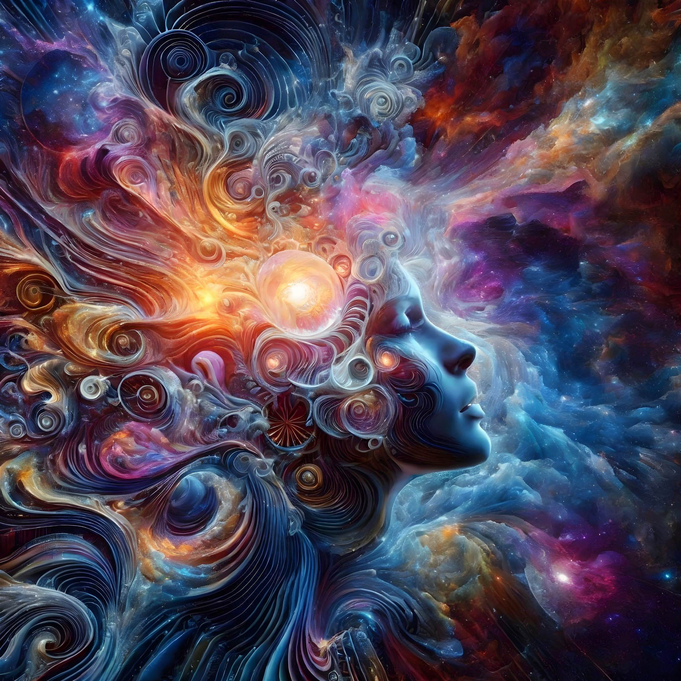 Abstract cosmic-themed digital artwork with vibrant female face and swirling patterns.