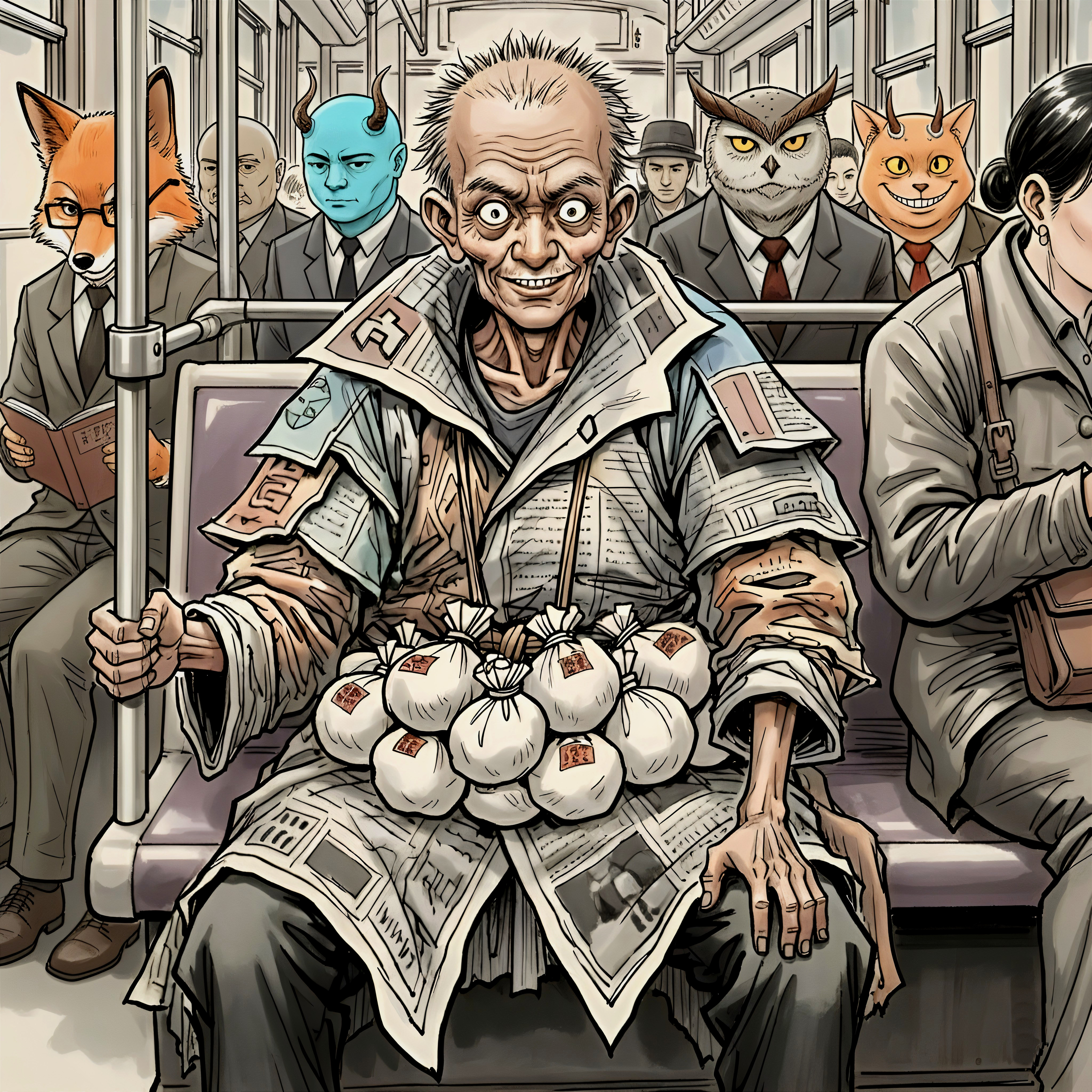 Surreal Scene of Quirky Characters in Subway Train