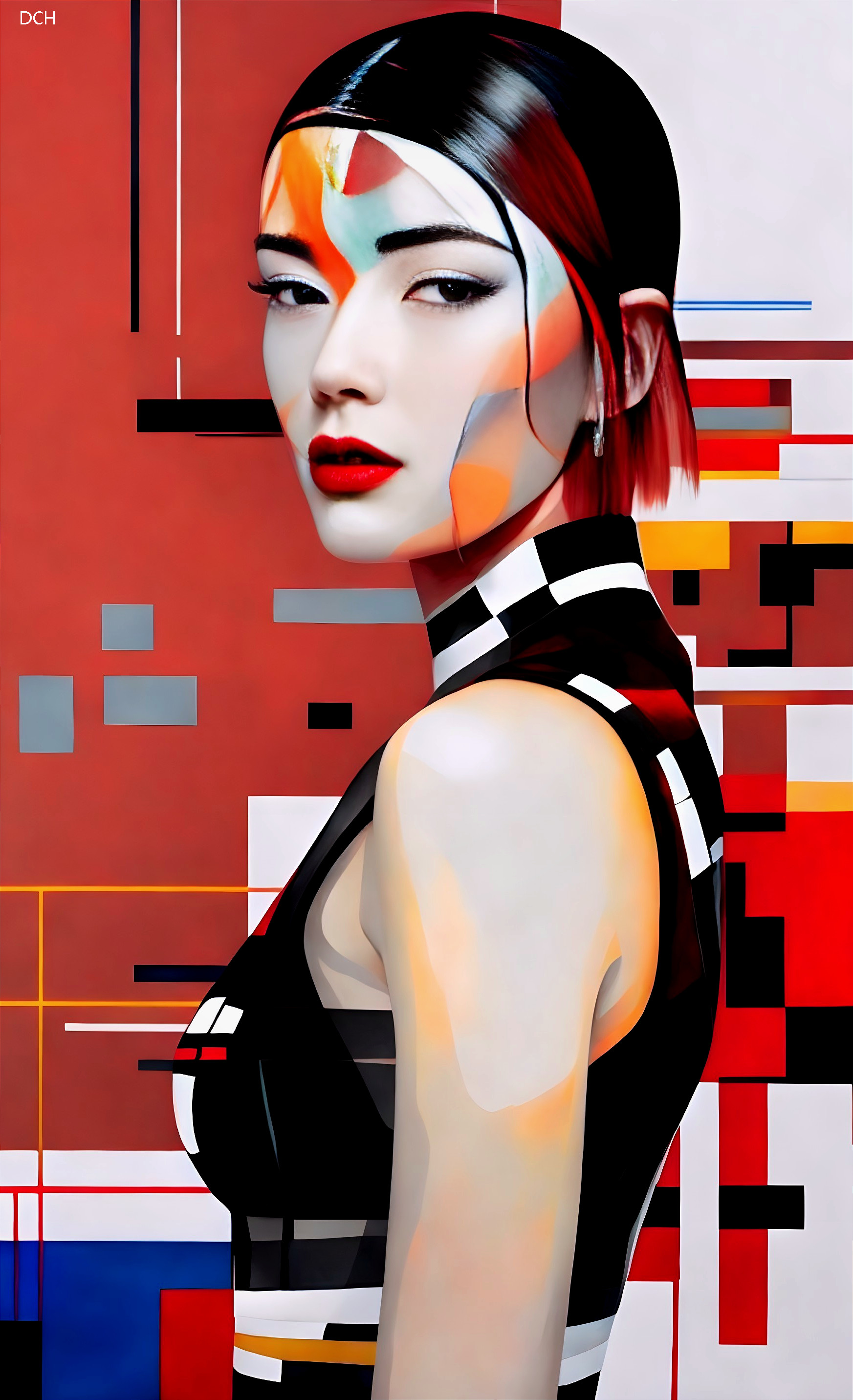 Stylized Portrait of Woman with Geometric Face Paint