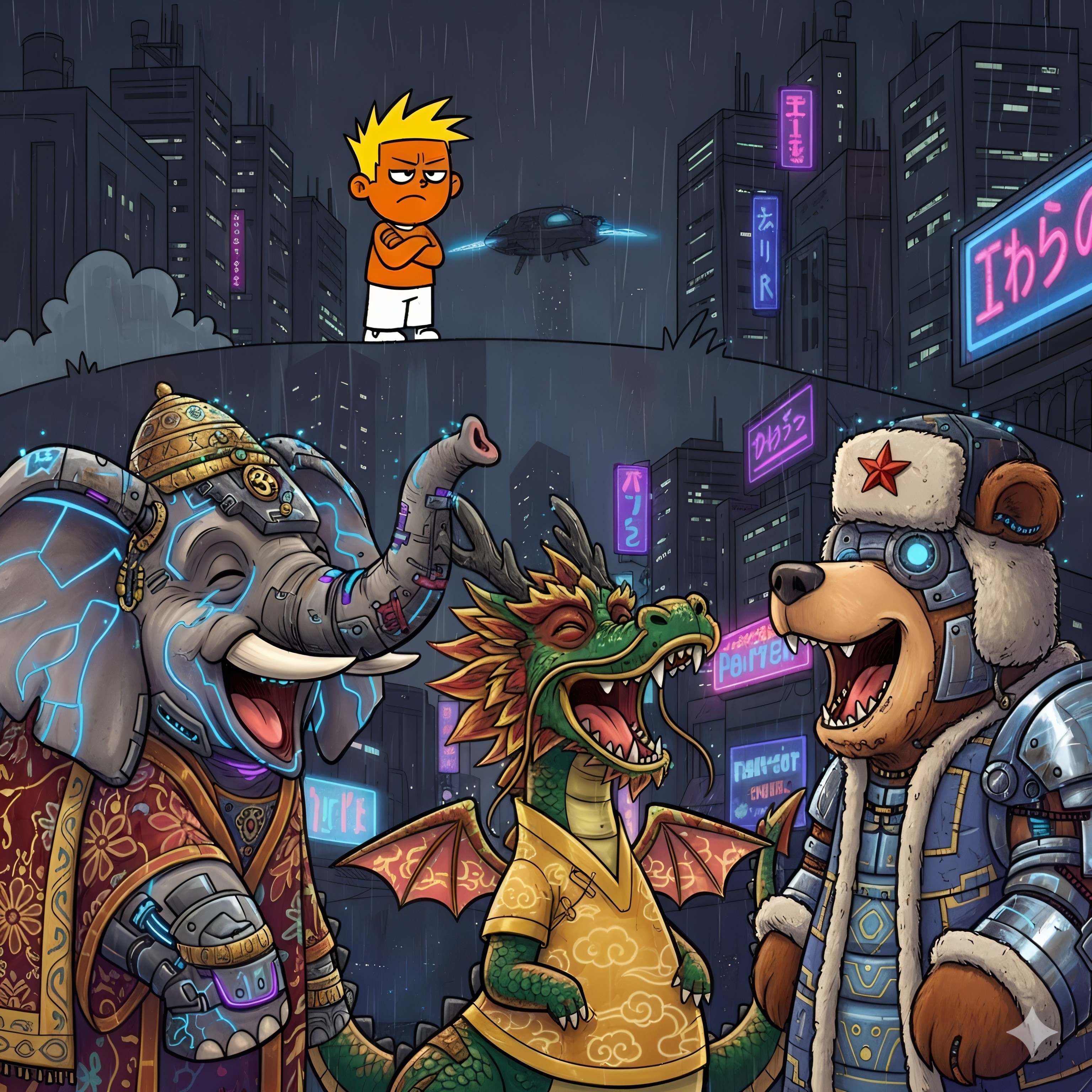 Vibrant Cityscape with Playful Anthropomorphic Animals