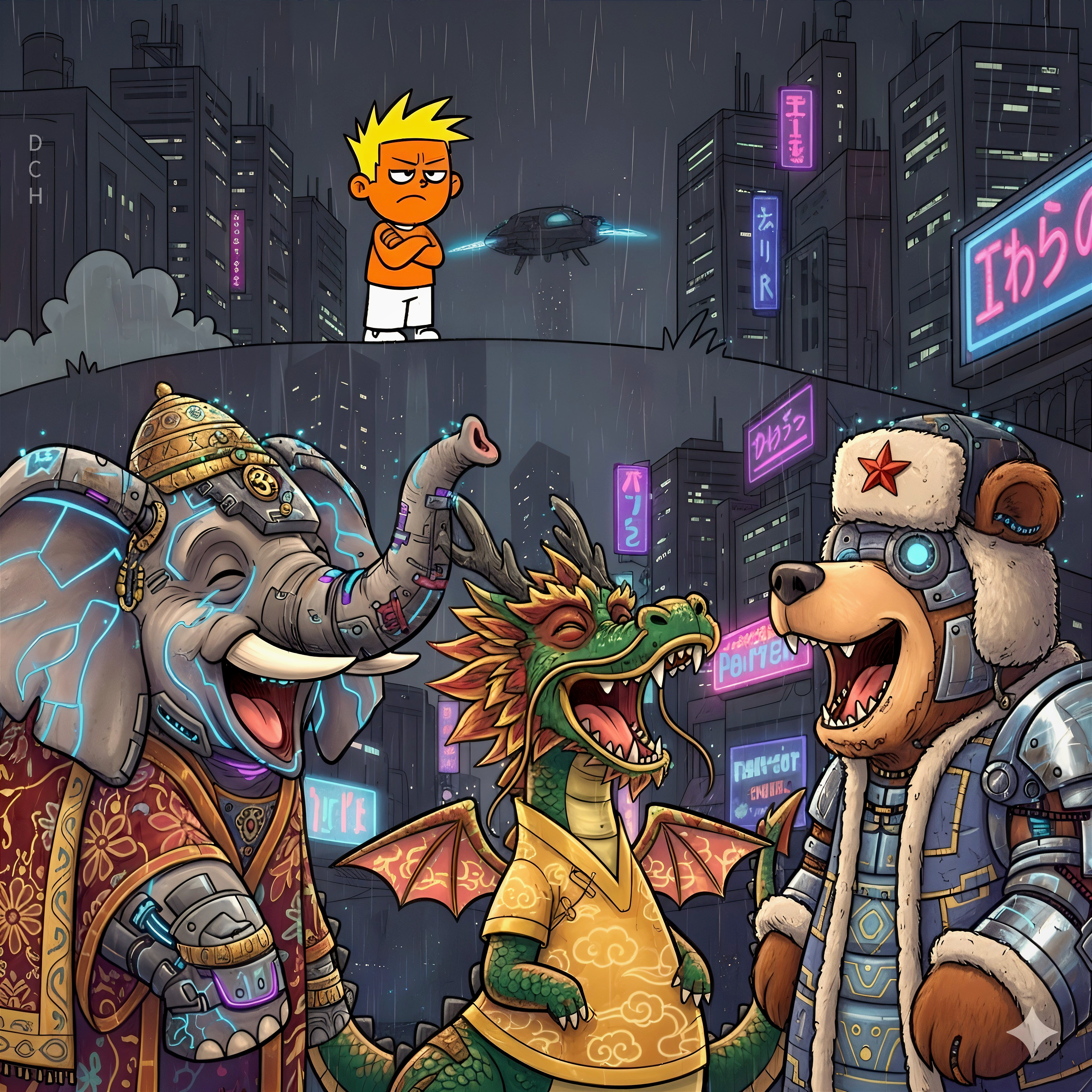 Vibrant Cityscape with Playful Anthropomorphic Animals