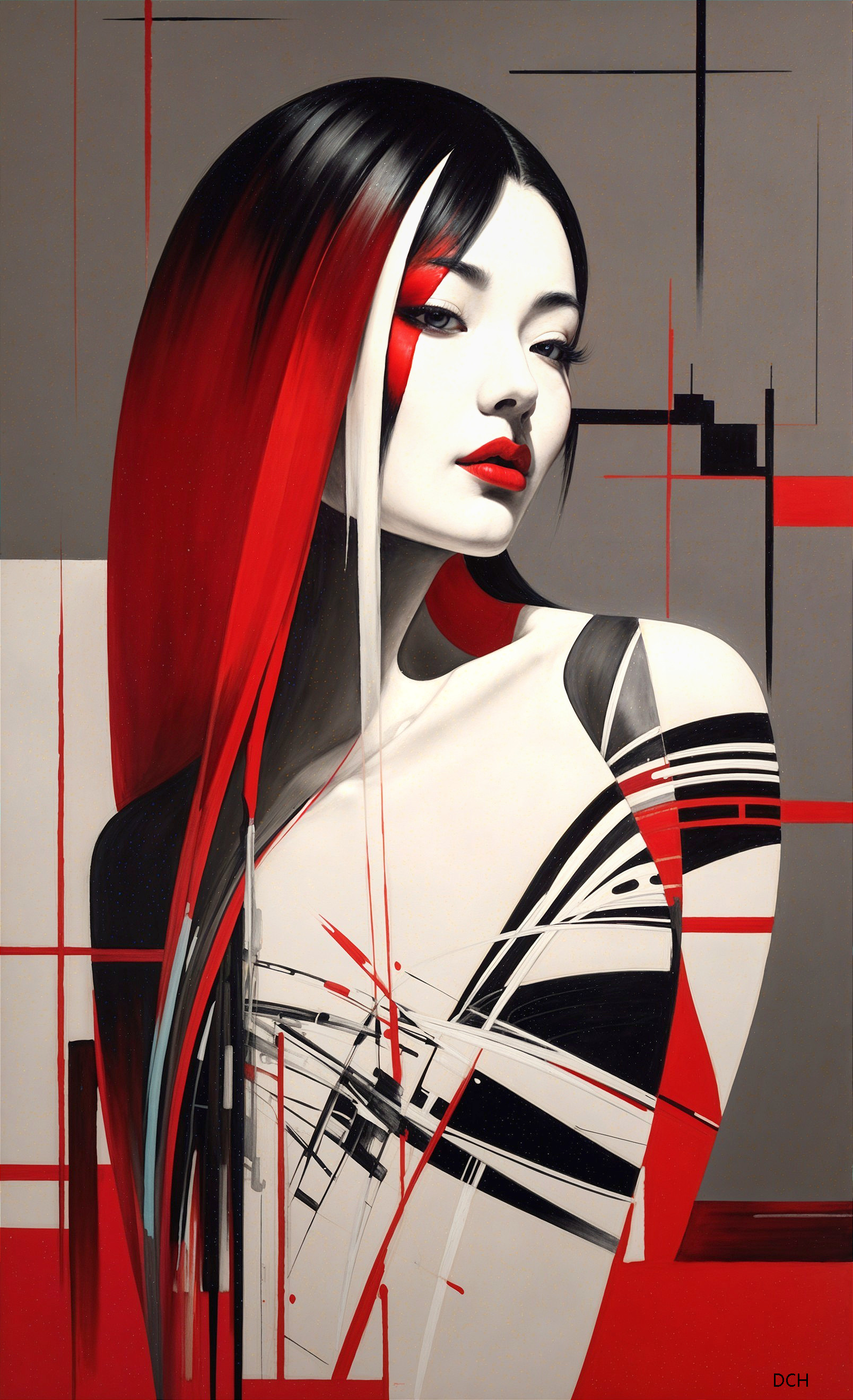 Portrait of a Woman with Red Hair and Geometric Shapes