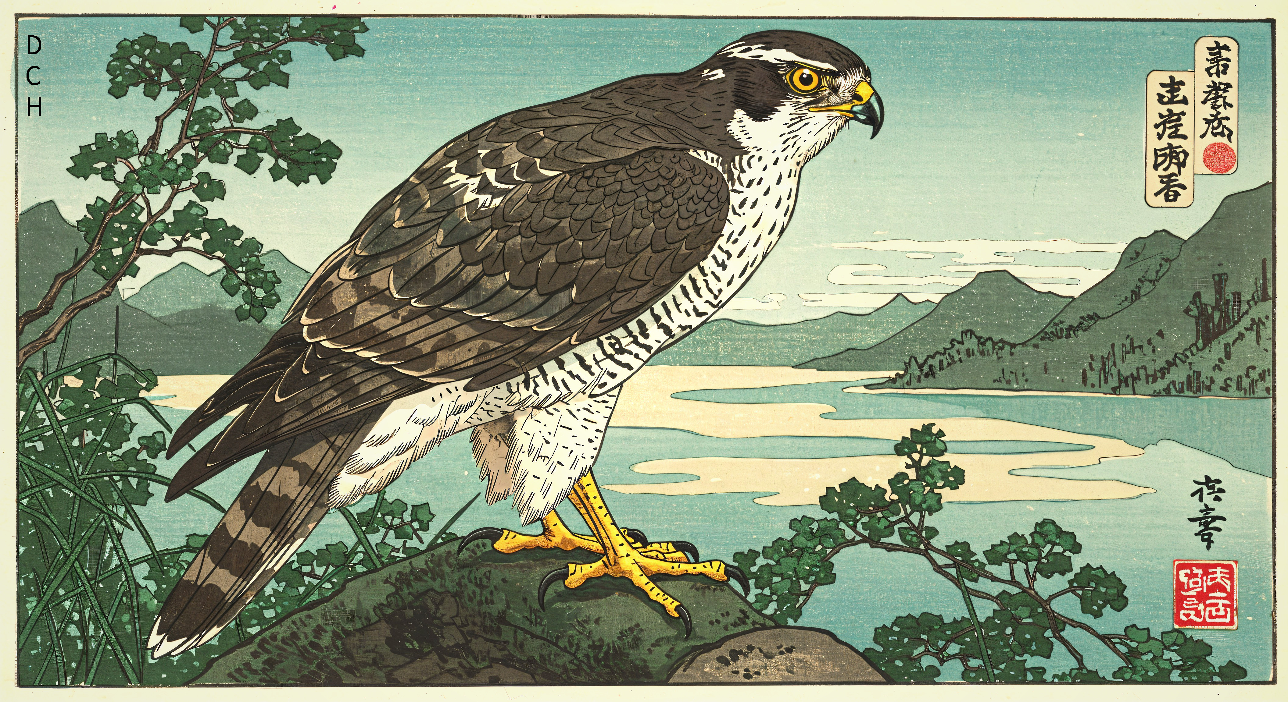 Hawk on Rocky Outcrop Overlooking Serene Landscape