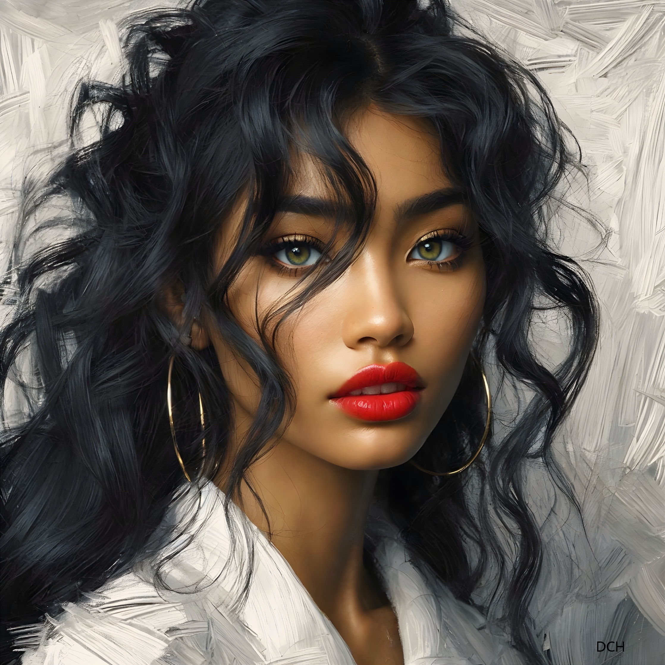 Digital portrait of a woman with black hair and green eyes