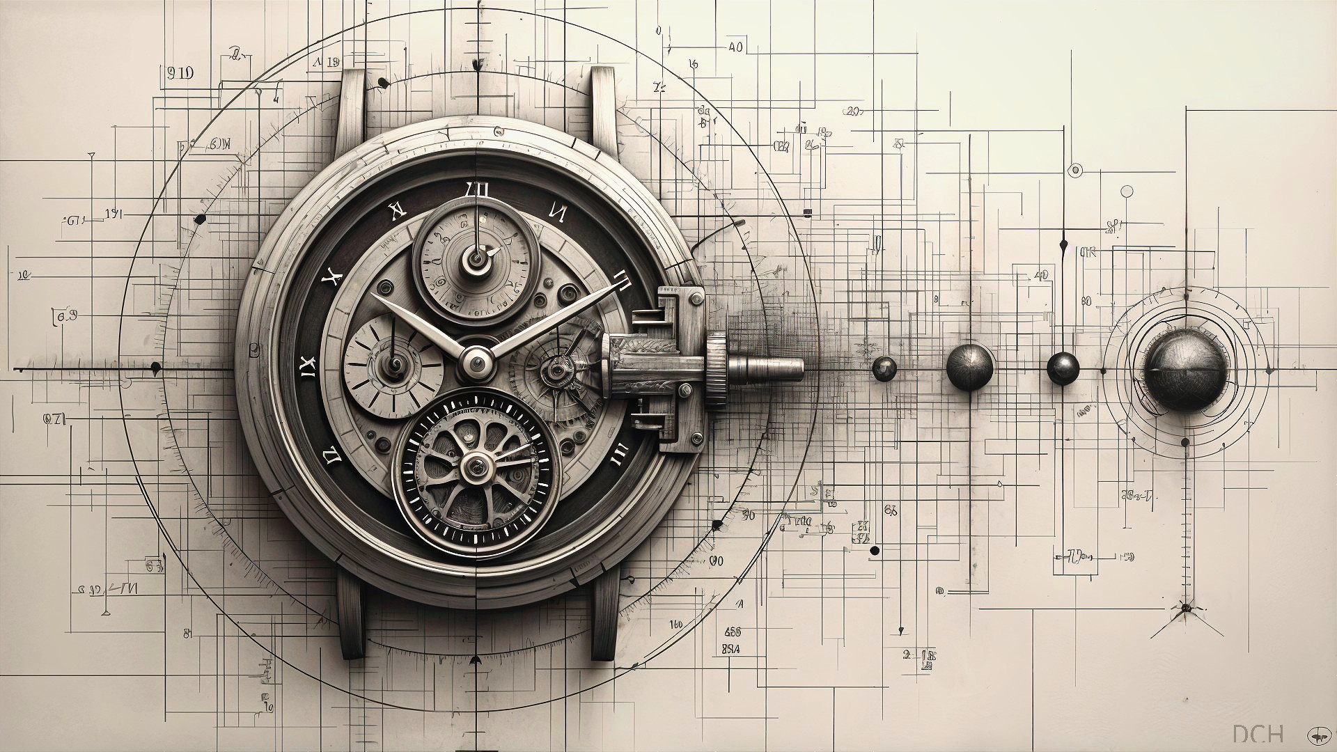 Intricate Clock Mechanism with Blueprint Background