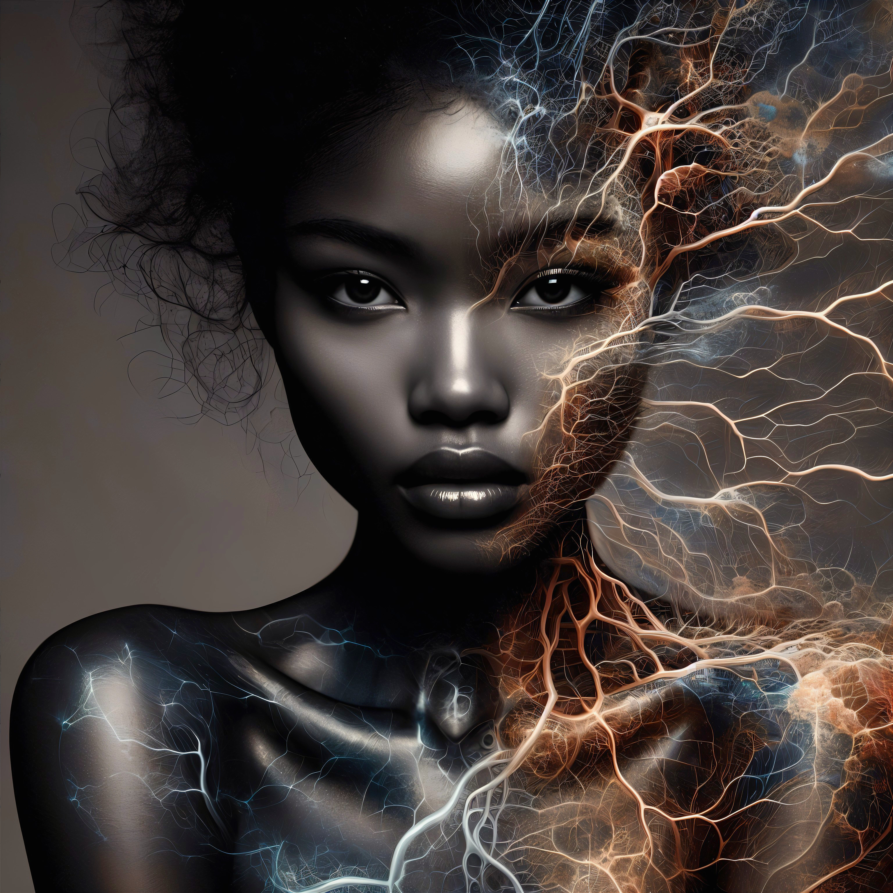 Portrait of a woman with dark skin and vibrant patterns