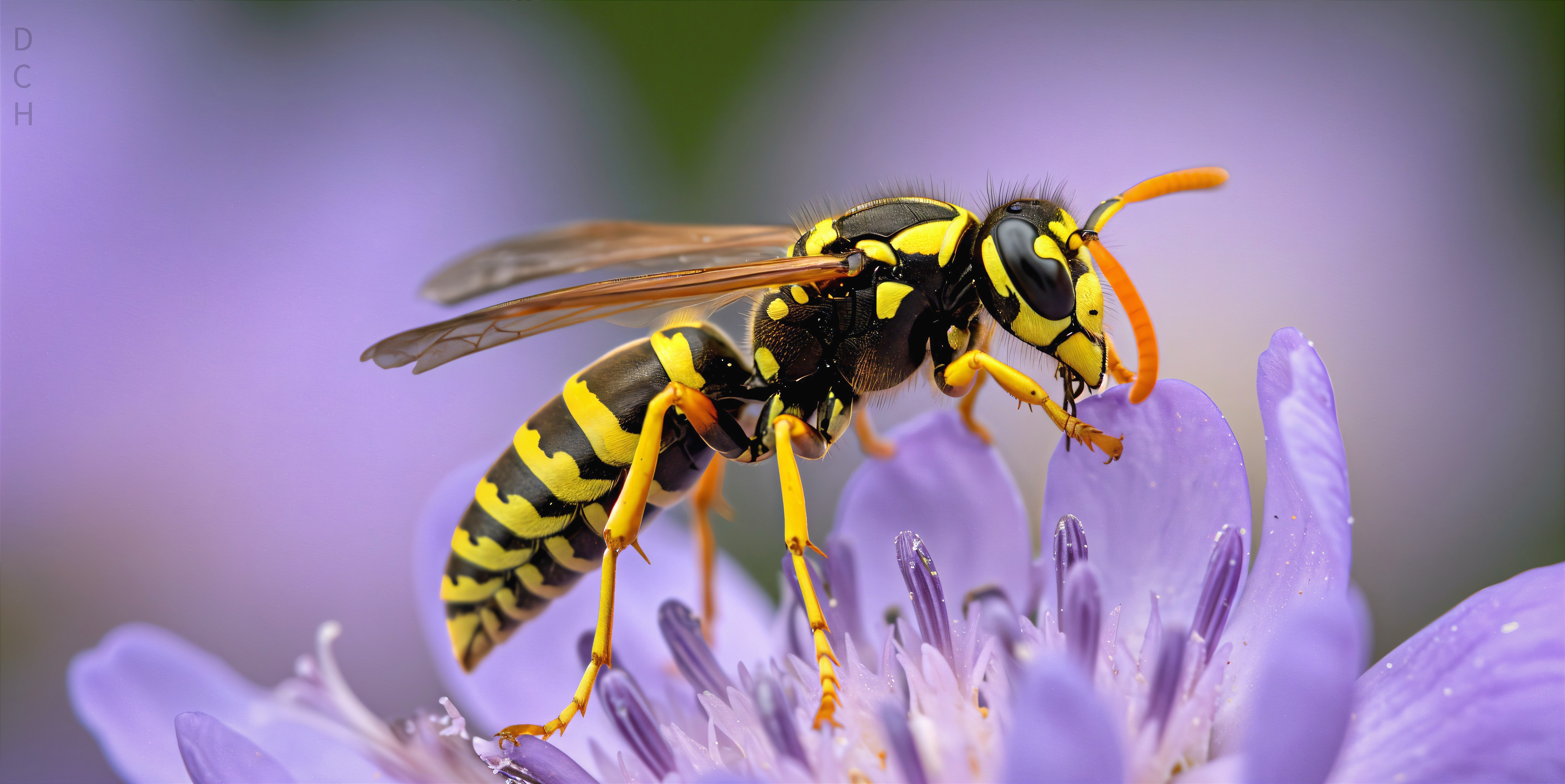Close-Up of Yellow and Black Wasp on Purple Flower